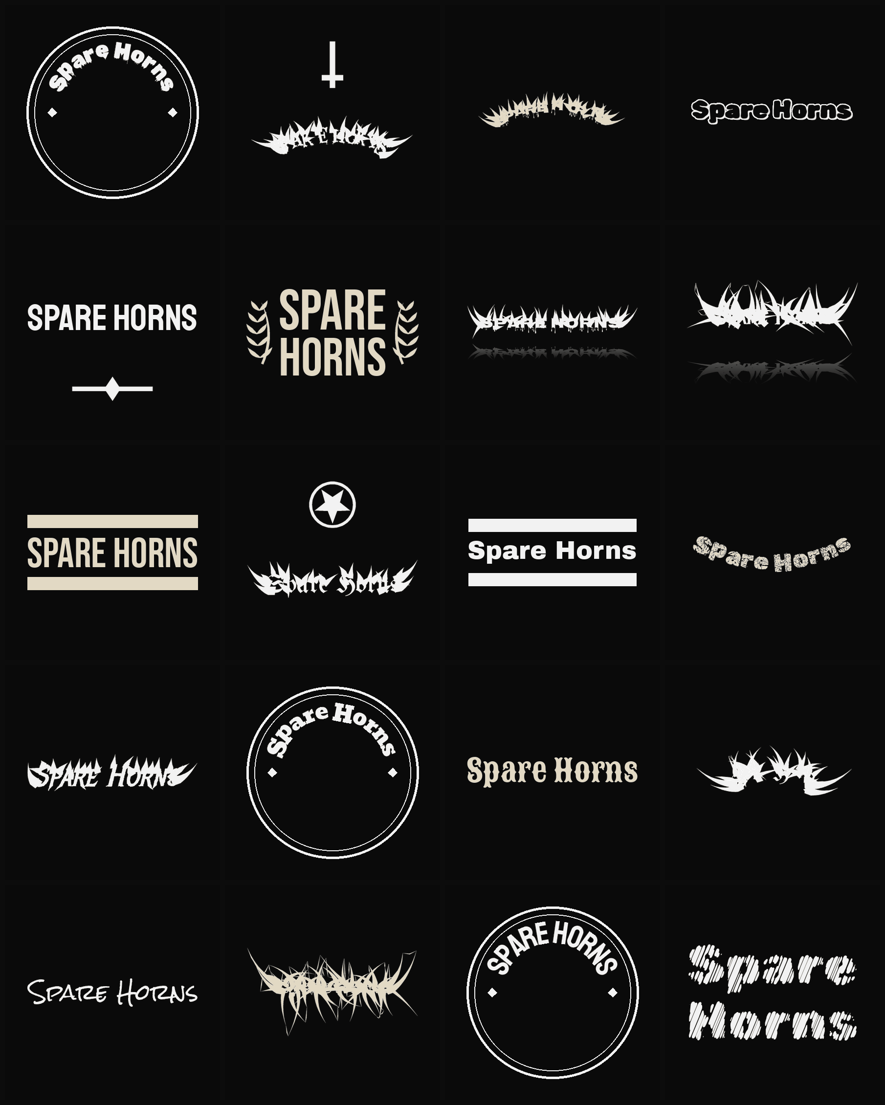 Twenty Spare Horns band logo ideas — different faces, treatments and spike settings