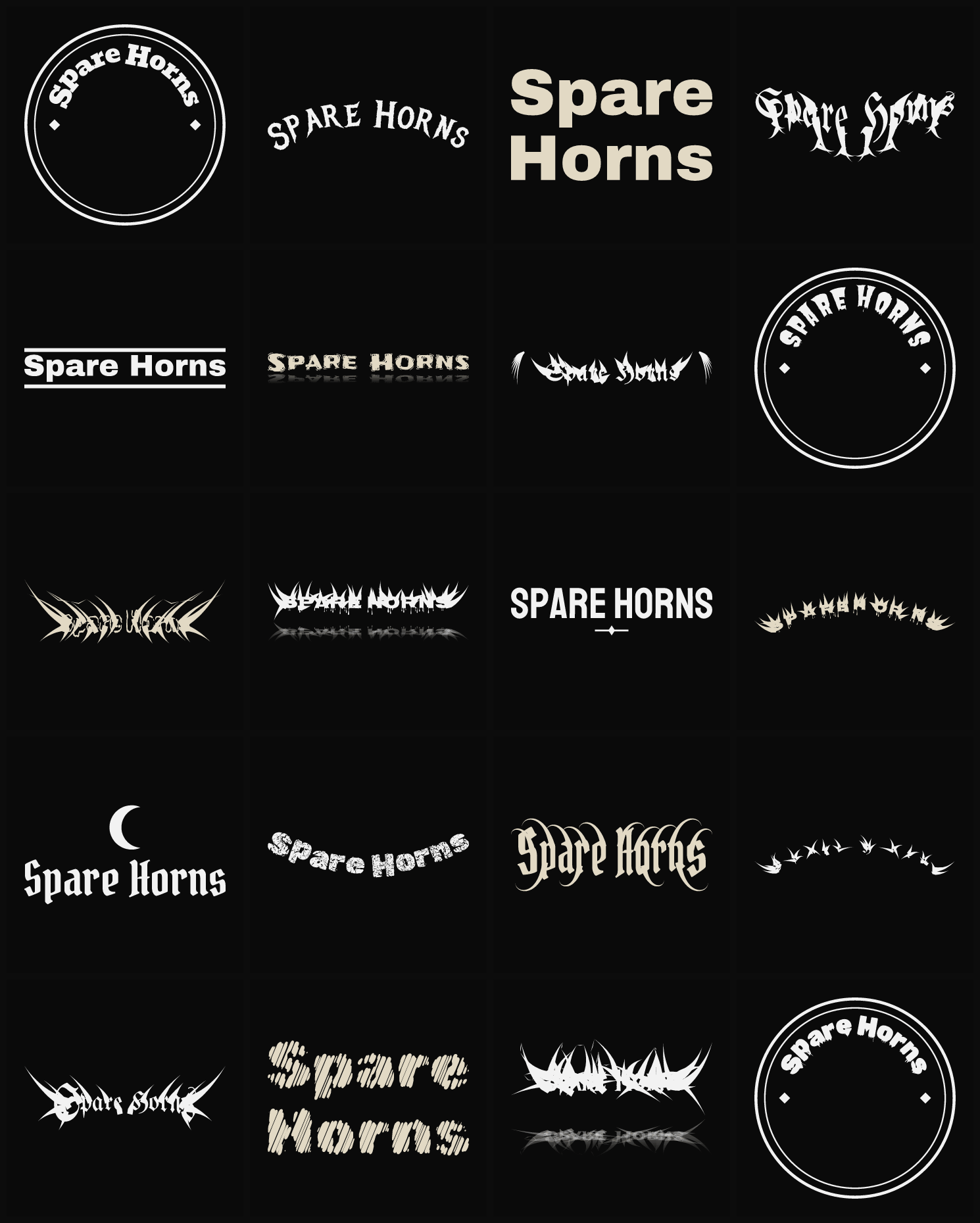 Twenty Spare Horns band logo ideas — different faces, treatments and spike settings