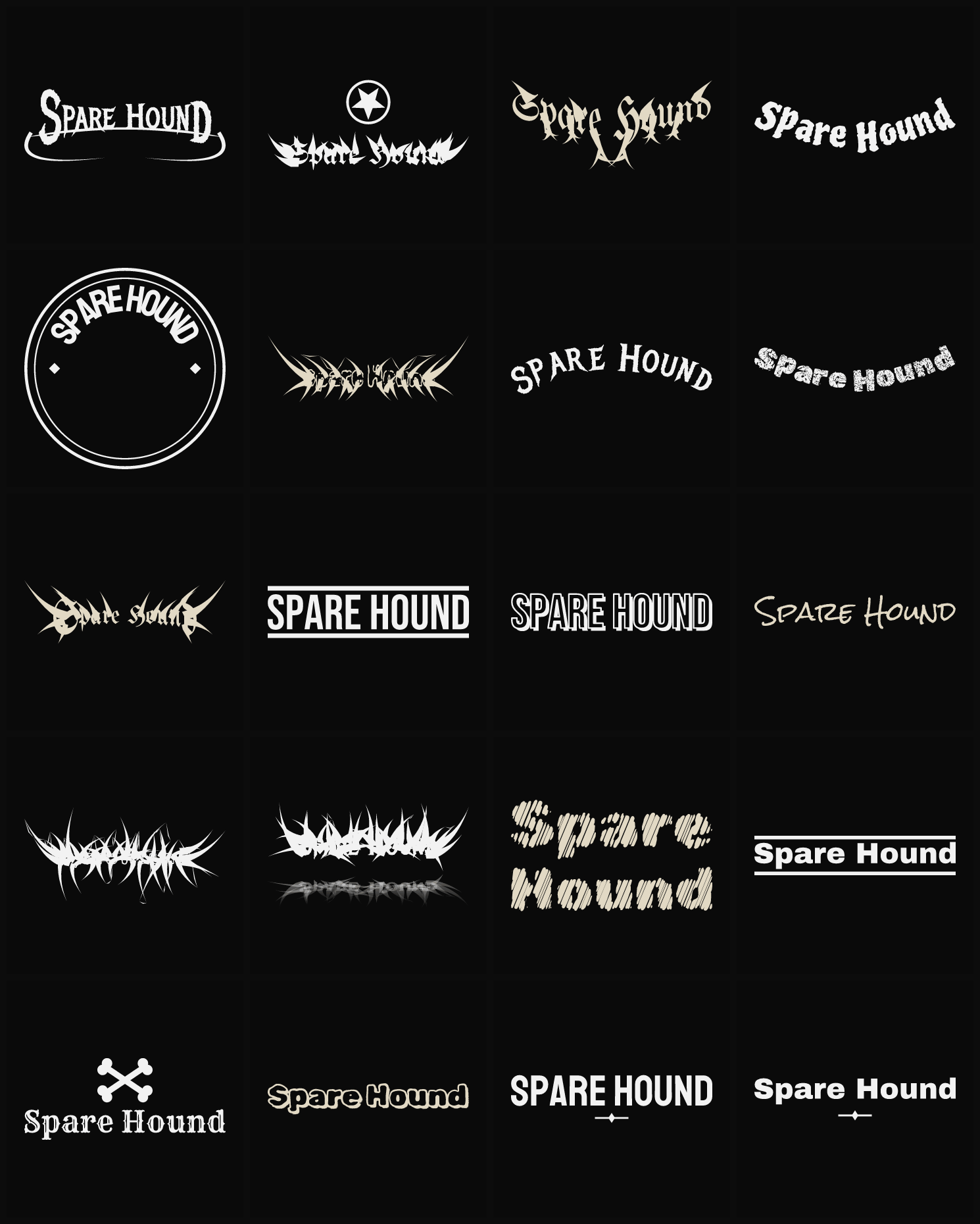 Twenty Spare Hound band logo ideas — different faces, treatments and spike settings