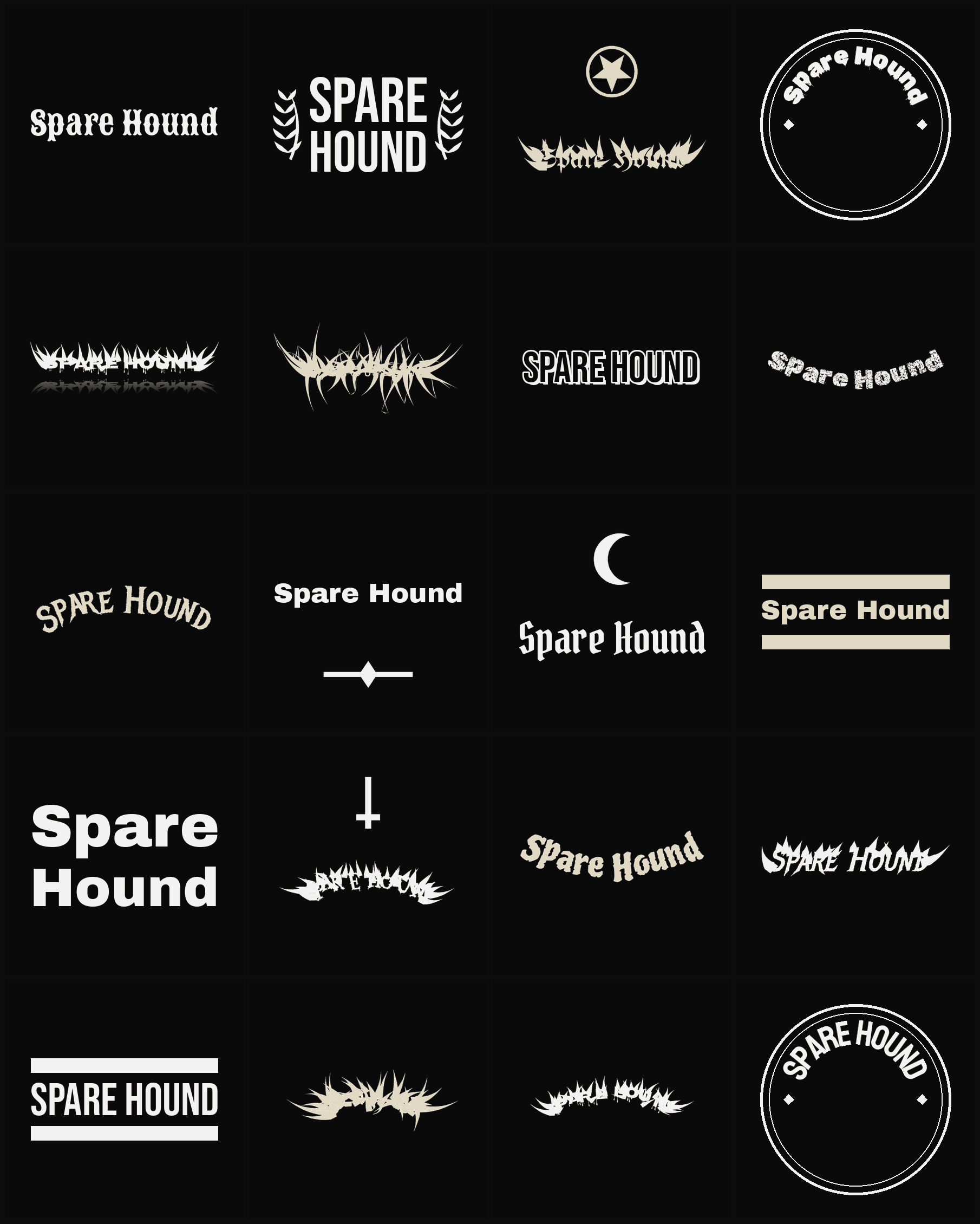 Twenty Spare Hound band logo ideas — different faces, treatments and spike settings