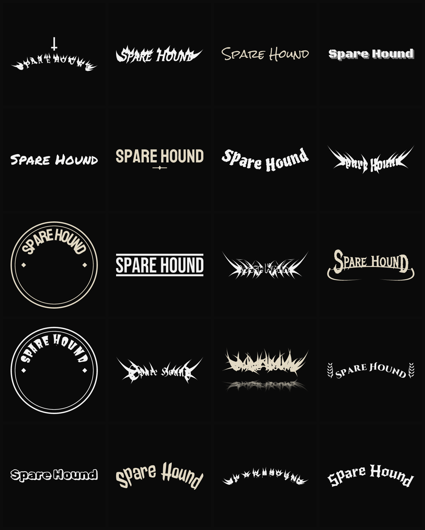 Twenty Spare Hound band logo ideas — different faces, treatments and spike settings