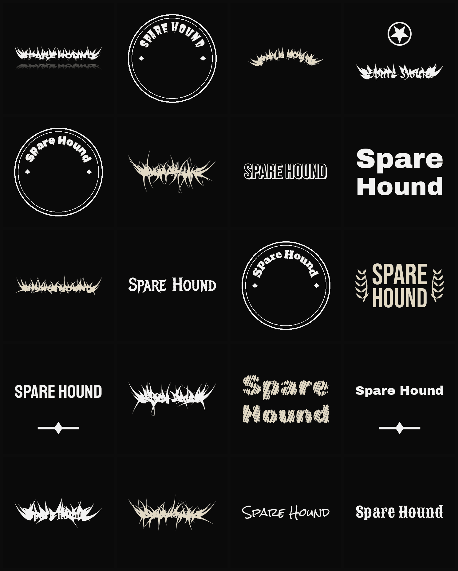 Twenty Spare Hound band logo ideas — different faces, treatments and spike settings