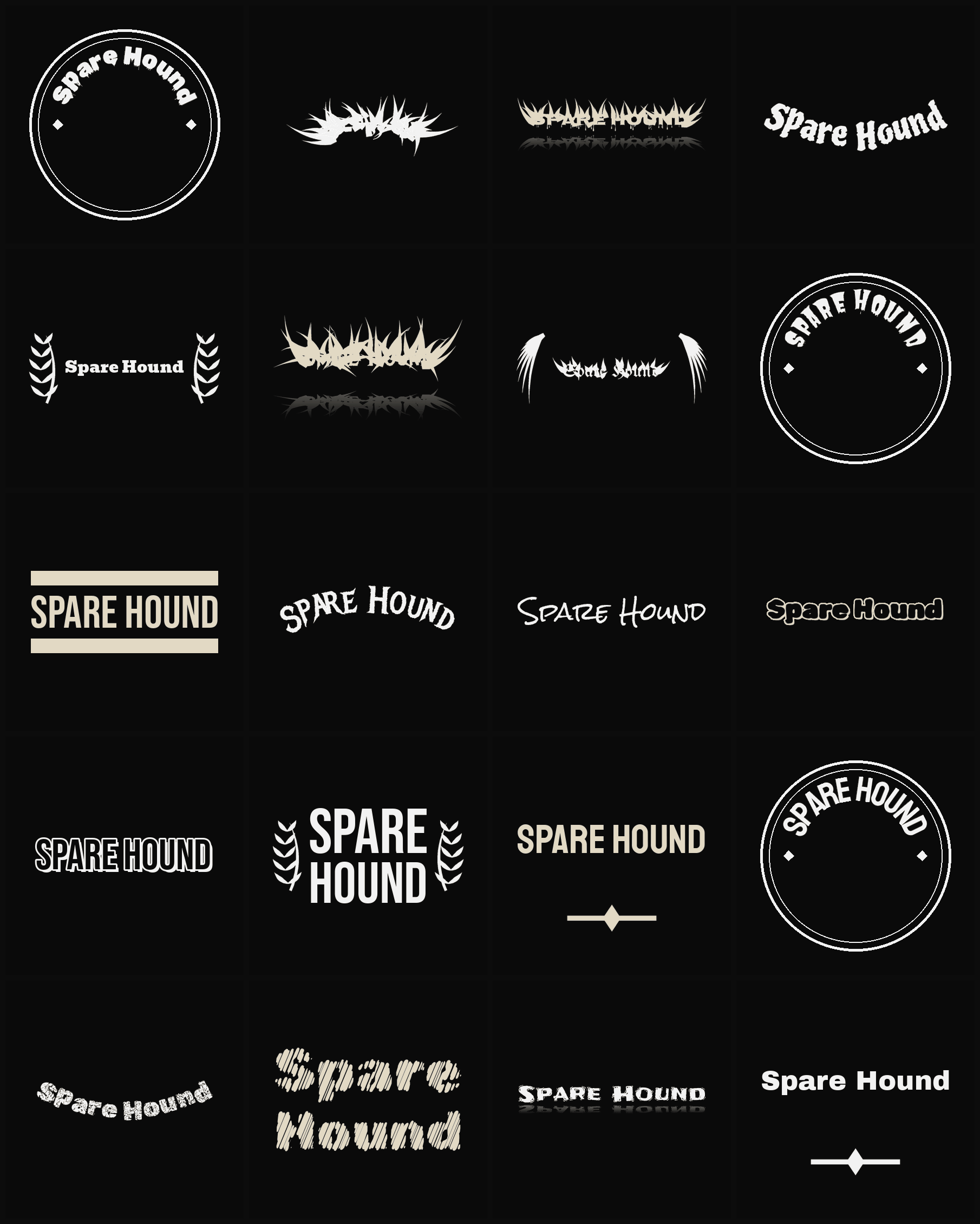 Twenty Spare Hound band logo ideas — different faces, treatments and spike settings
