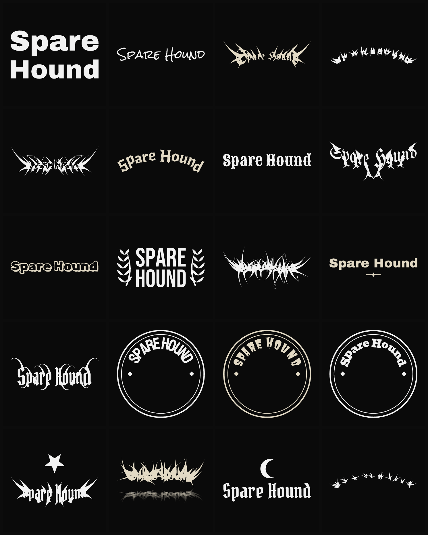 Twenty Spare Hound band logo ideas — different faces, treatments and spike settings