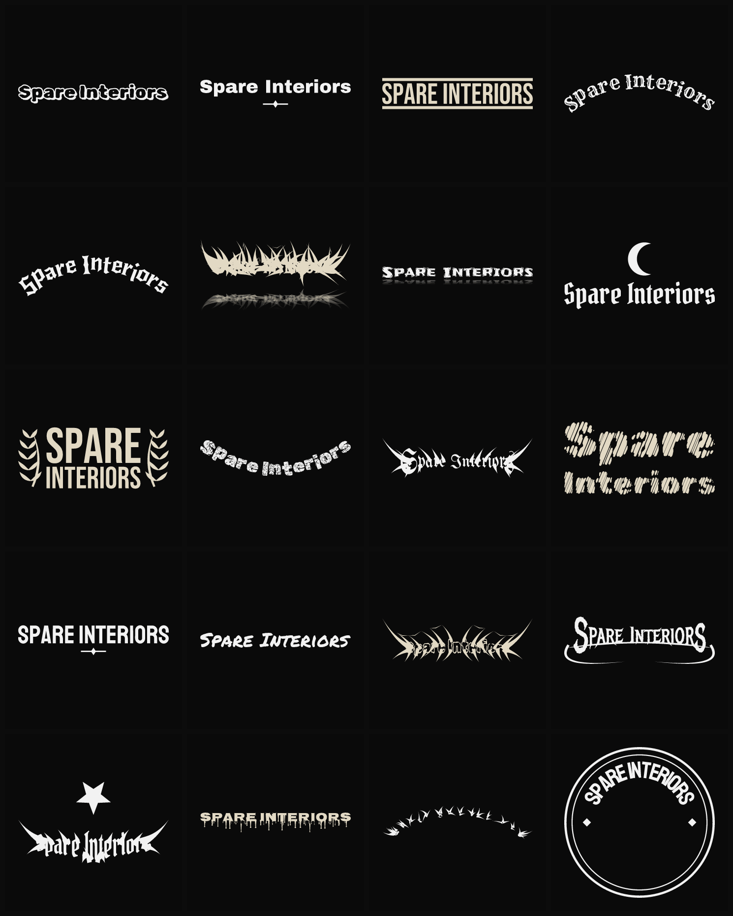 Twenty Spare Interiors band logo ideas — different faces, treatments and spike settings