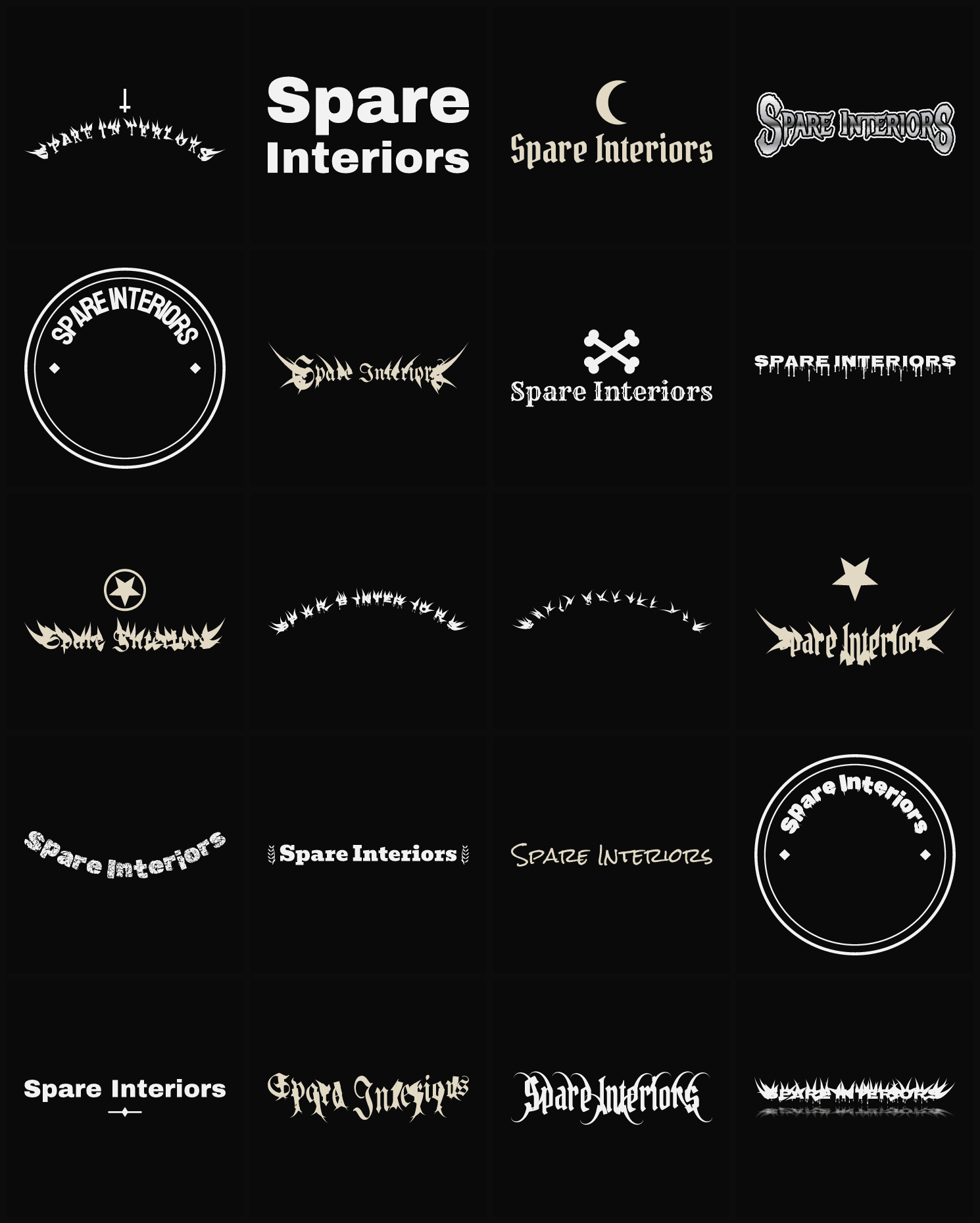 Twenty Spare Interiors band logo ideas — different faces, treatments and spike settings