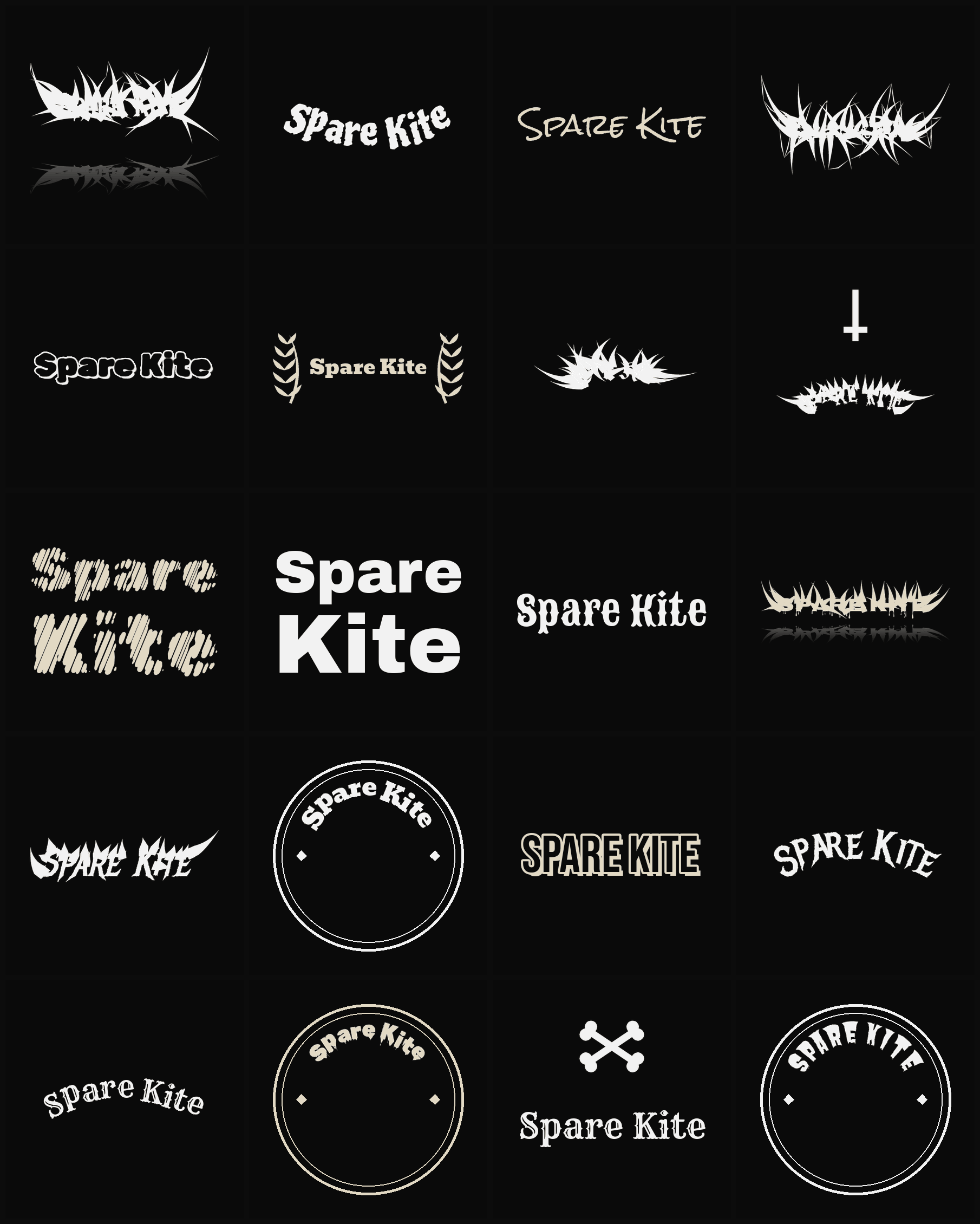 Twenty Spare Kite band logo ideas — different faces, treatments and spike settings