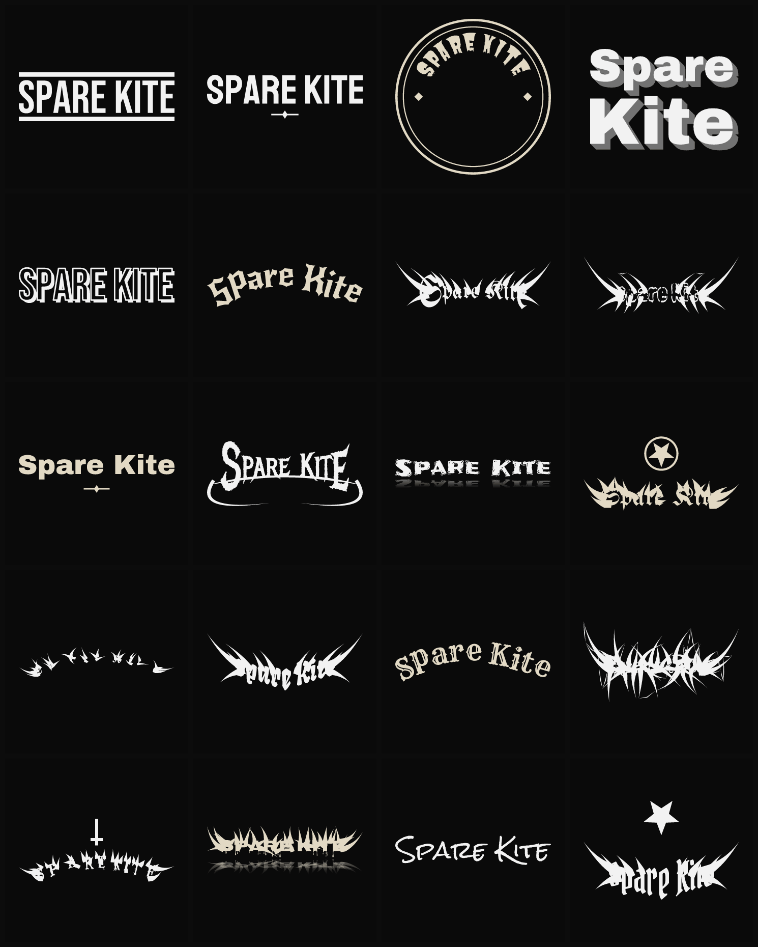 Twenty Spare Kite band logo ideas — different faces, treatments and spike settings