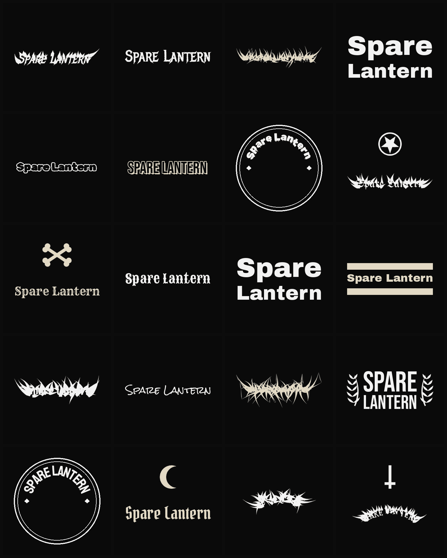 Twenty Spare Lantern band logo ideas — different faces, treatments and spike settings