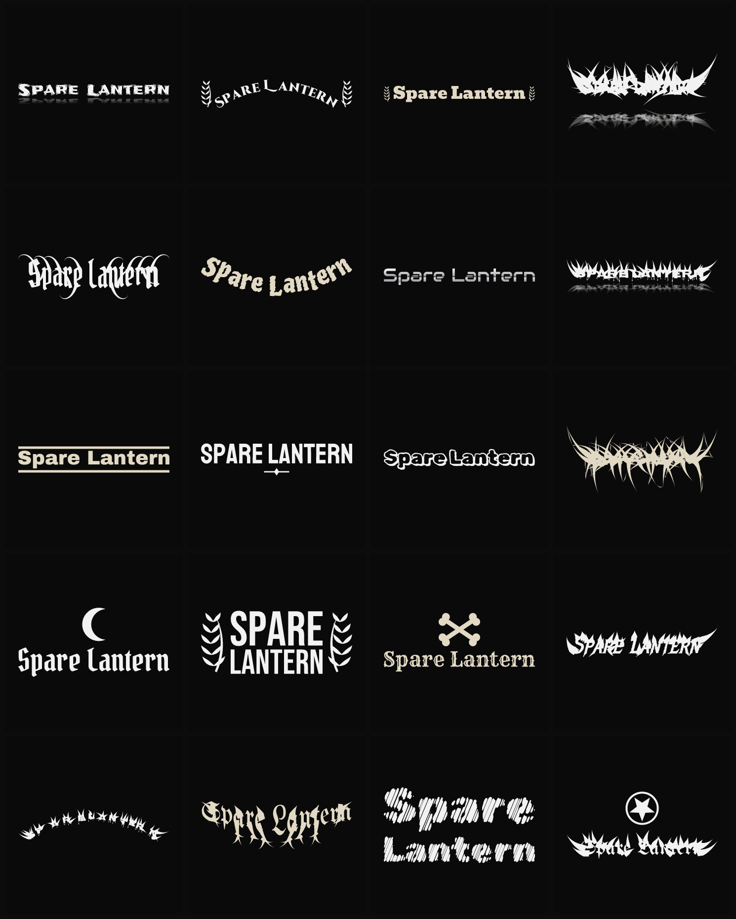 Twenty Spare Lantern band logo ideas — different faces, treatments and spike settings