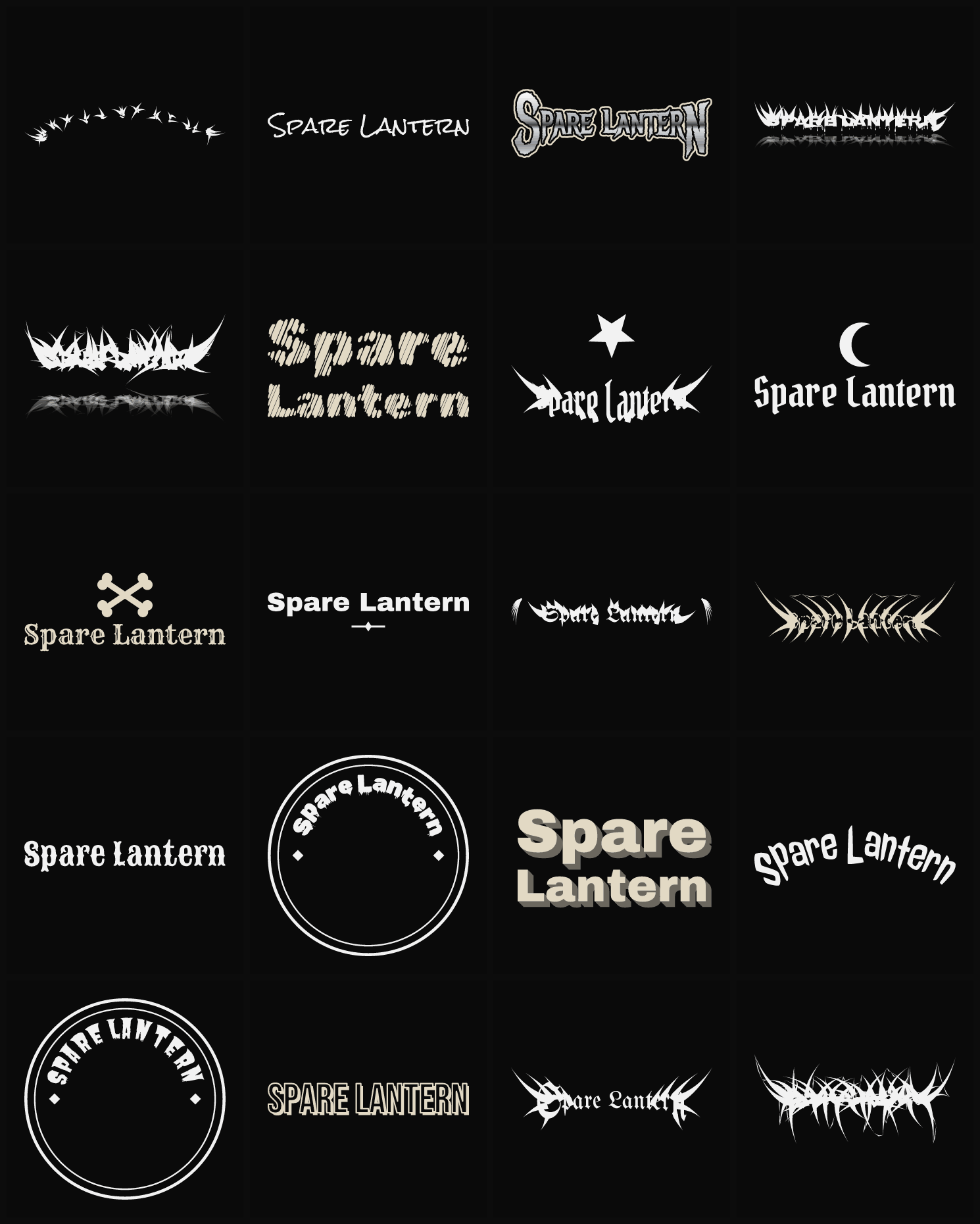 Twenty Spare Lantern band logo ideas — different faces, treatments and spike settings