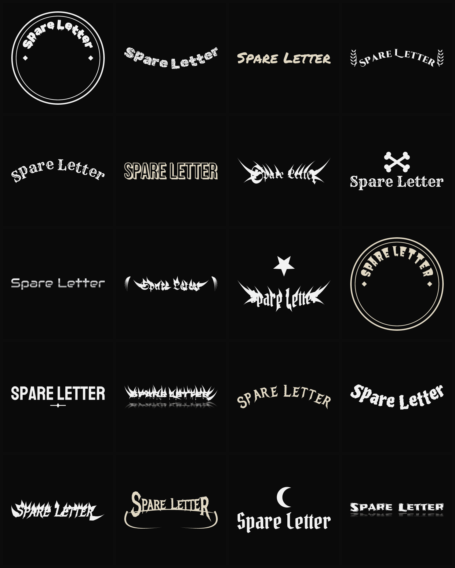 Twenty Spare Letter band logo ideas — different faces, treatments and spike settings