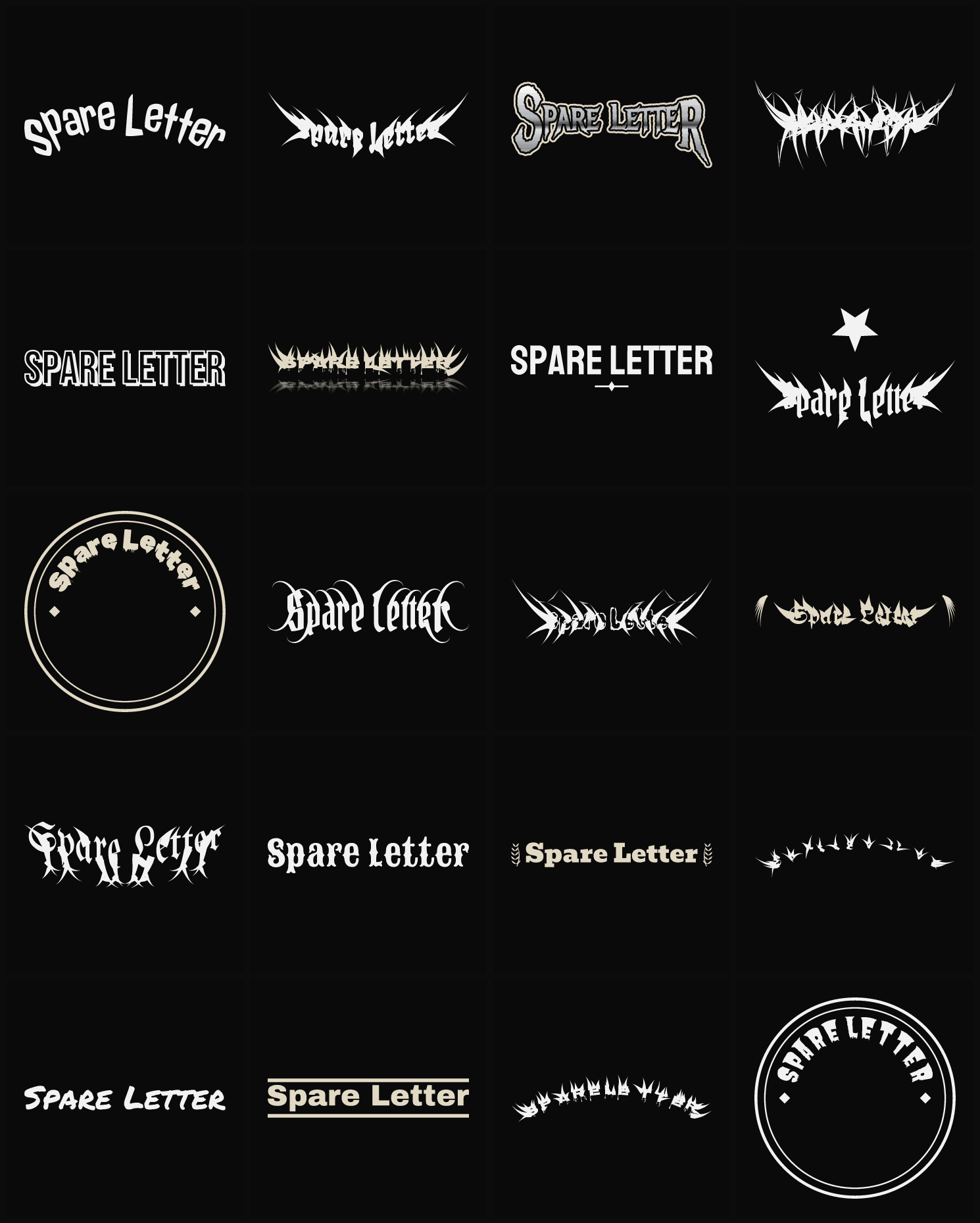 Twenty Spare Letter band logo ideas — different faces, treatments and spike settings