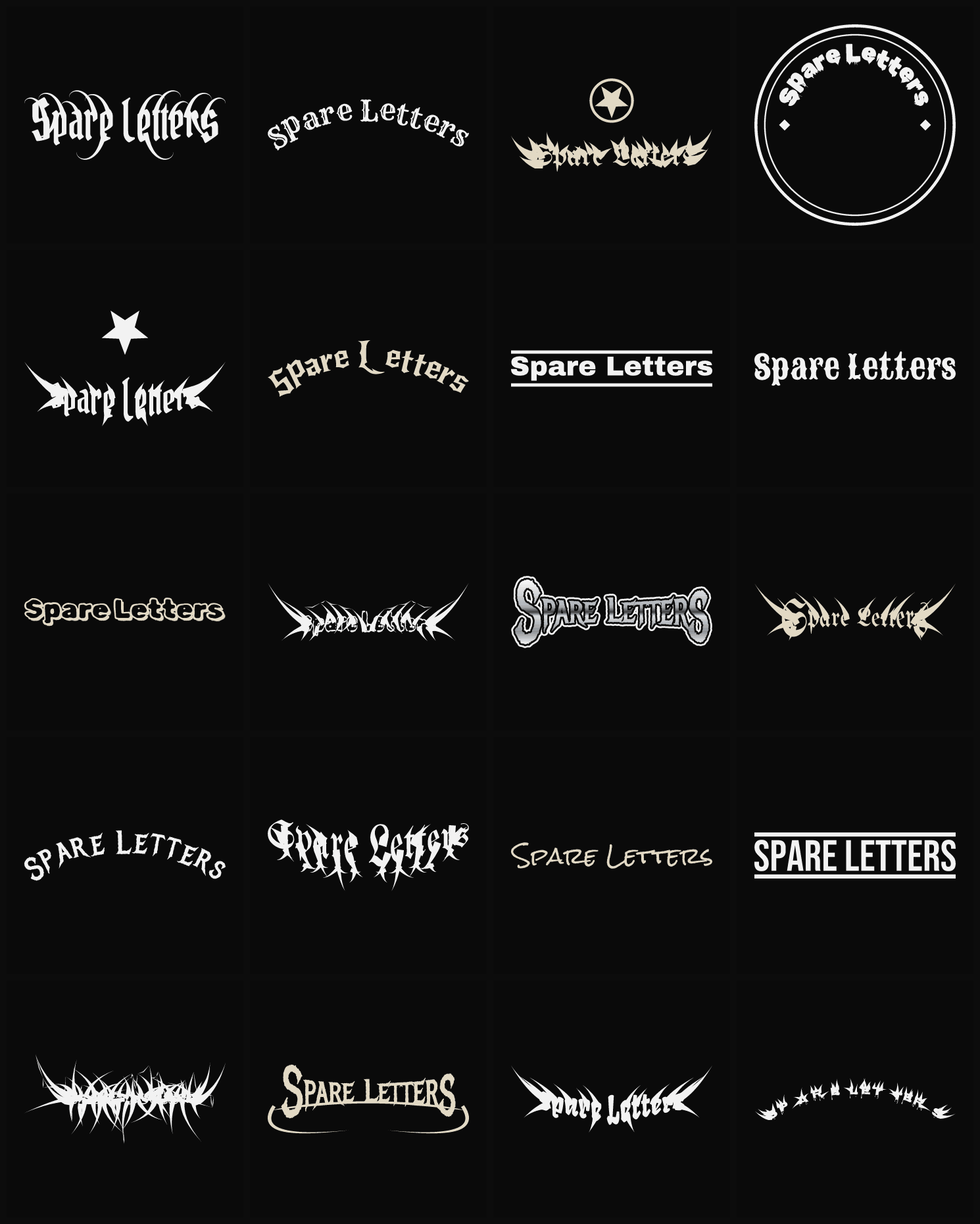 Twenty Spare Letters band logo ideas — different faces, treatments and spike settings