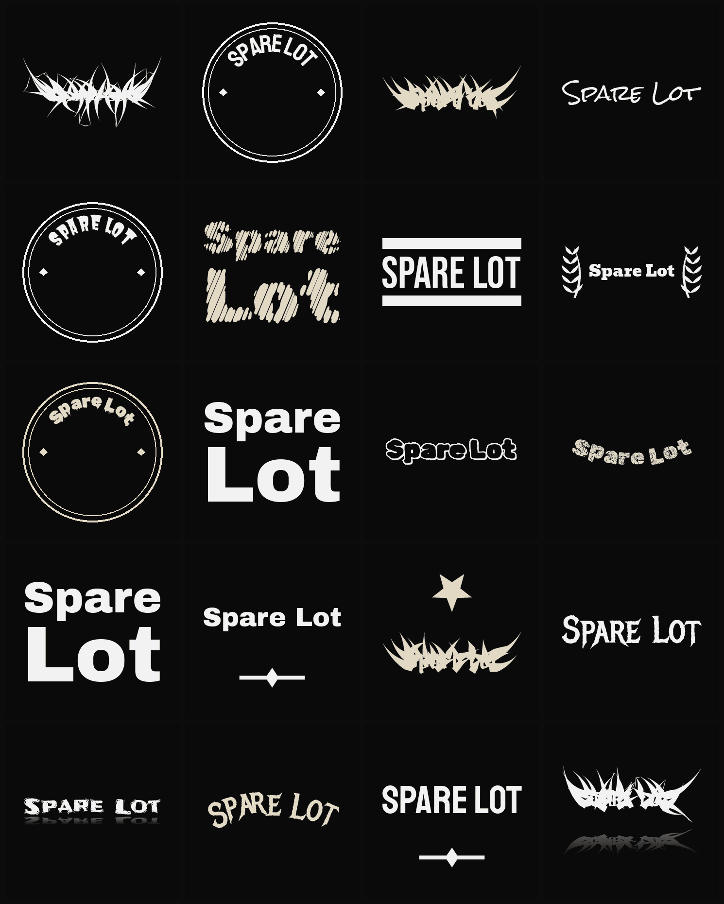 Twenty Spare Lot band logo ideas — different faces, treatments and spike settings
