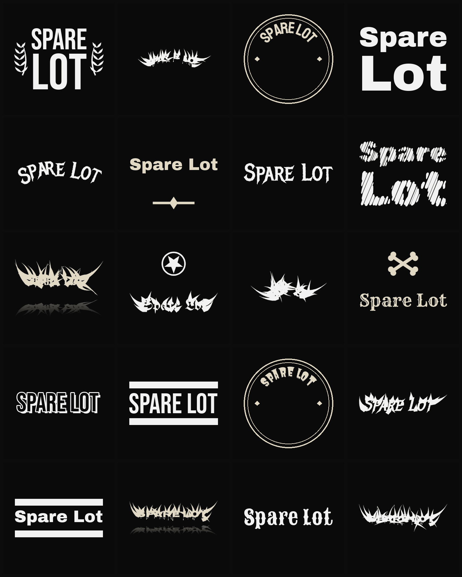 Twenty Spare Lot band logo ideas — different faces, treatments and spike settings