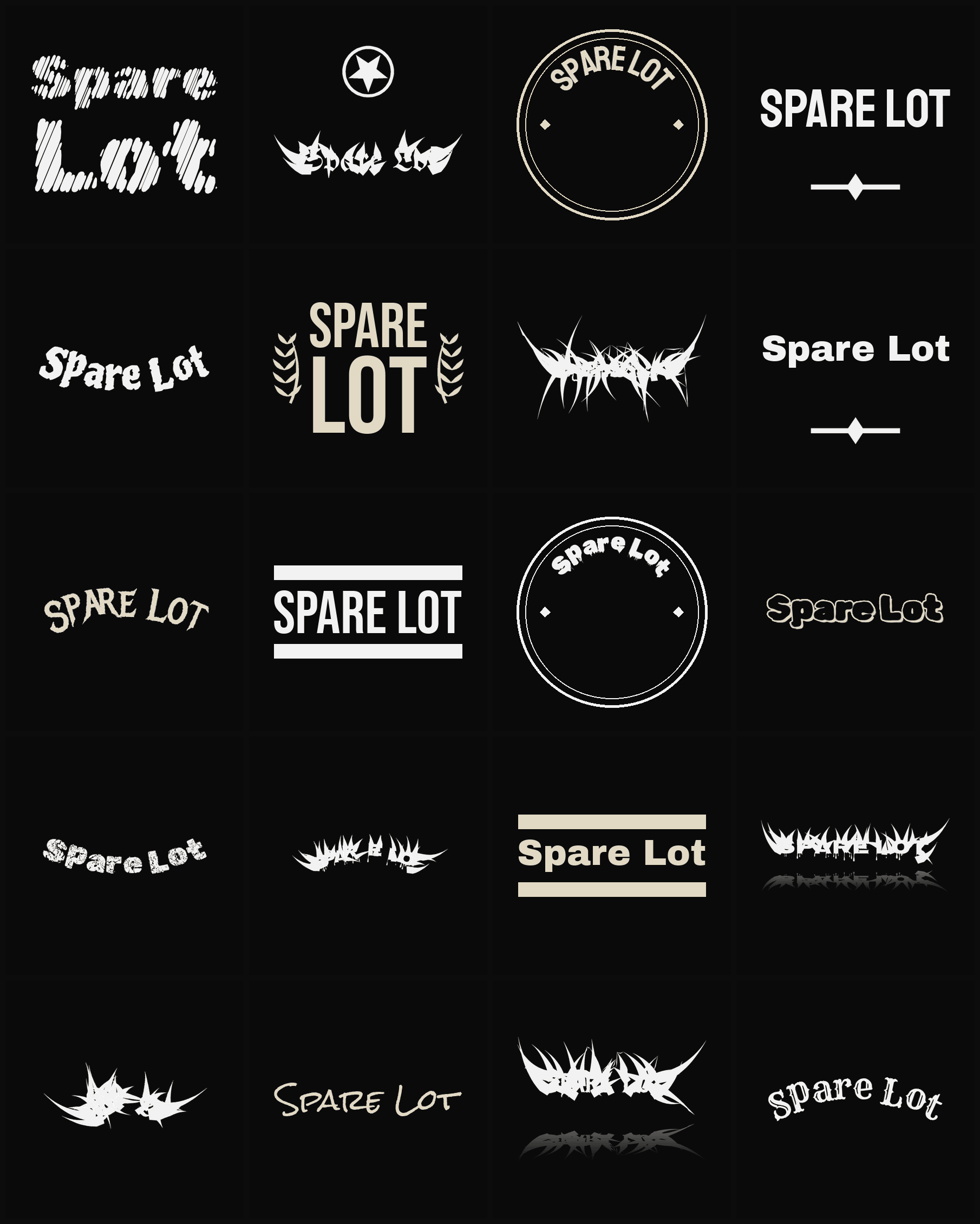 Twenty Spare Lot band logo ideas — different faces, treatments and spike settings