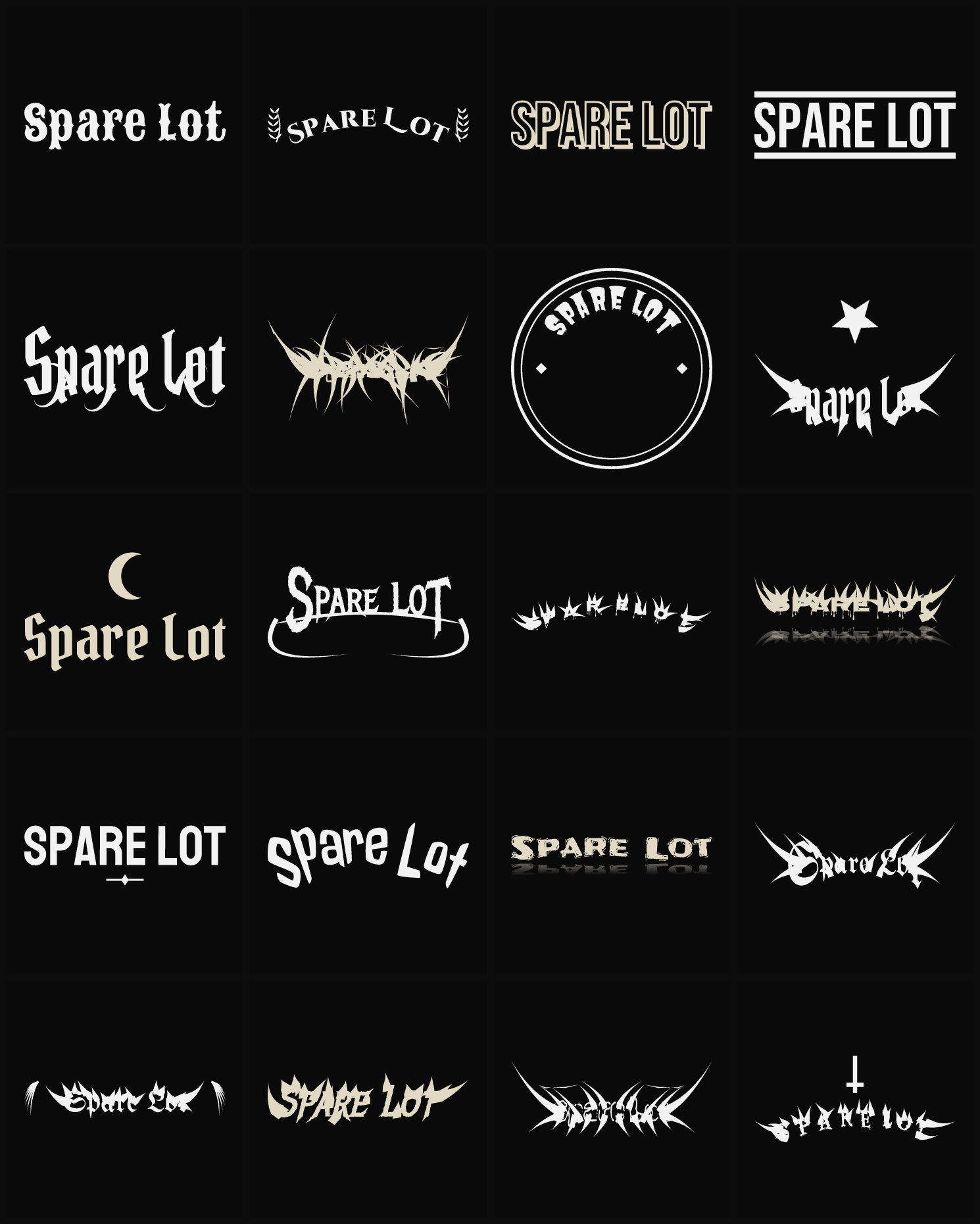 Twenty Spare Lot band logo ideas — different faces, treatments and spike settings