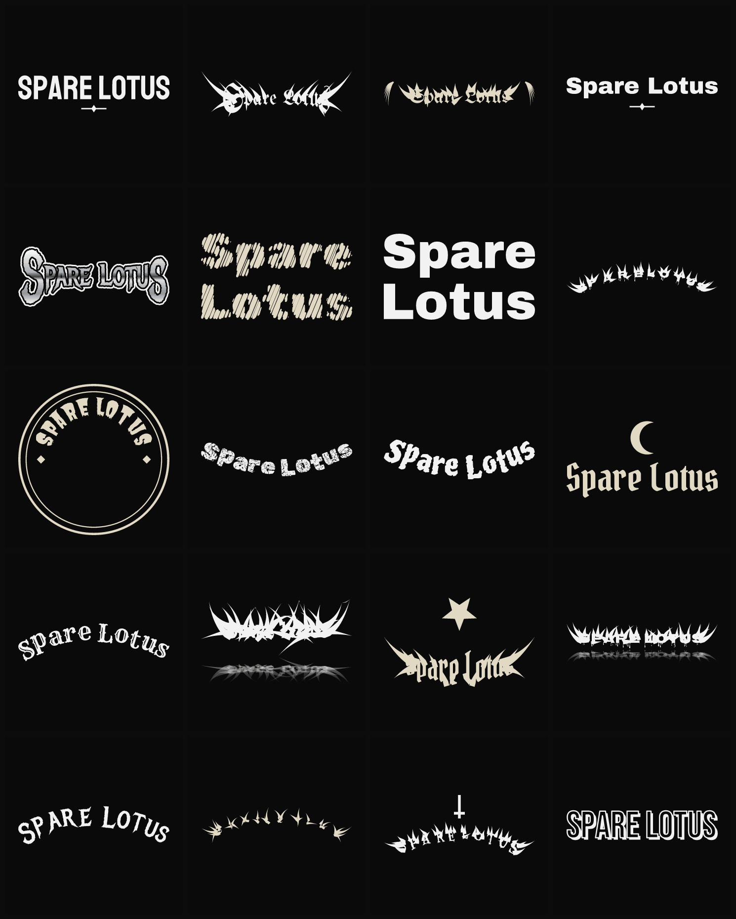 Twenty Spare Lotus band logo ideas — different faces, treatments and spike settings