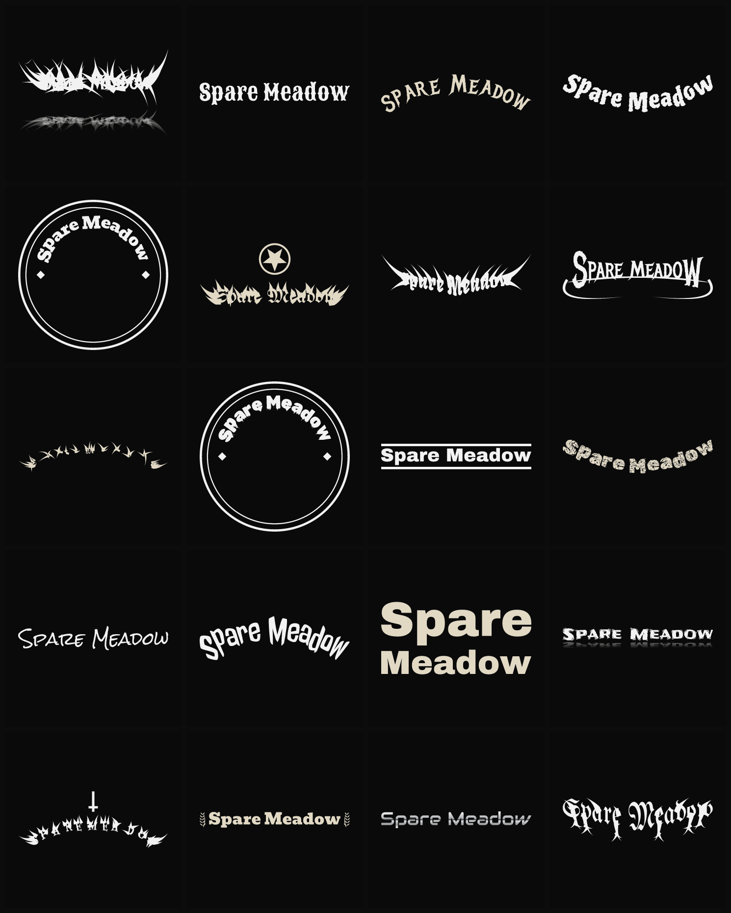 Twenty Spare Meadow band logo ideas — different faces, treatments and spike settings