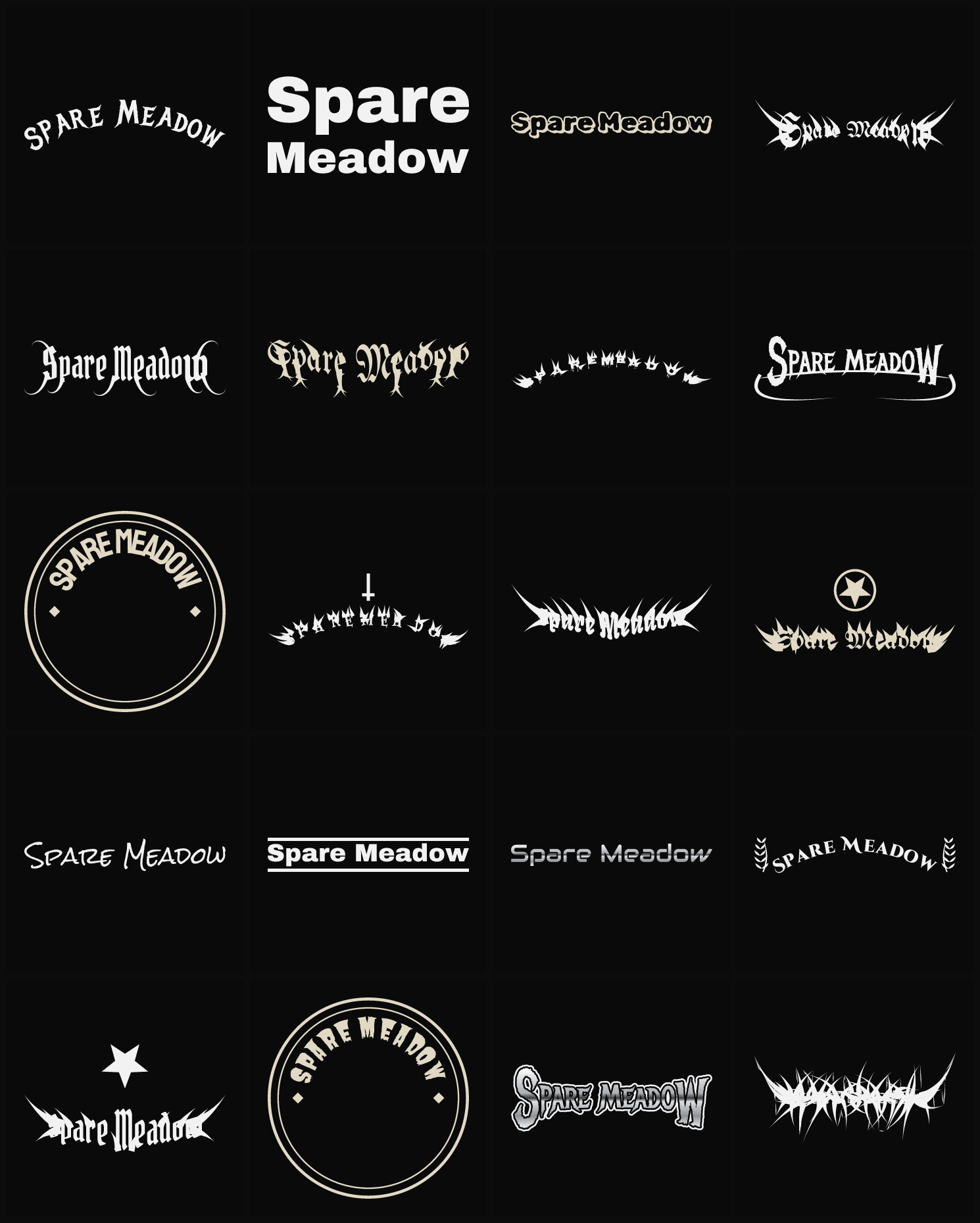 Twenty Spare Meadow band logo ideas — different faces, treatments and spike settings