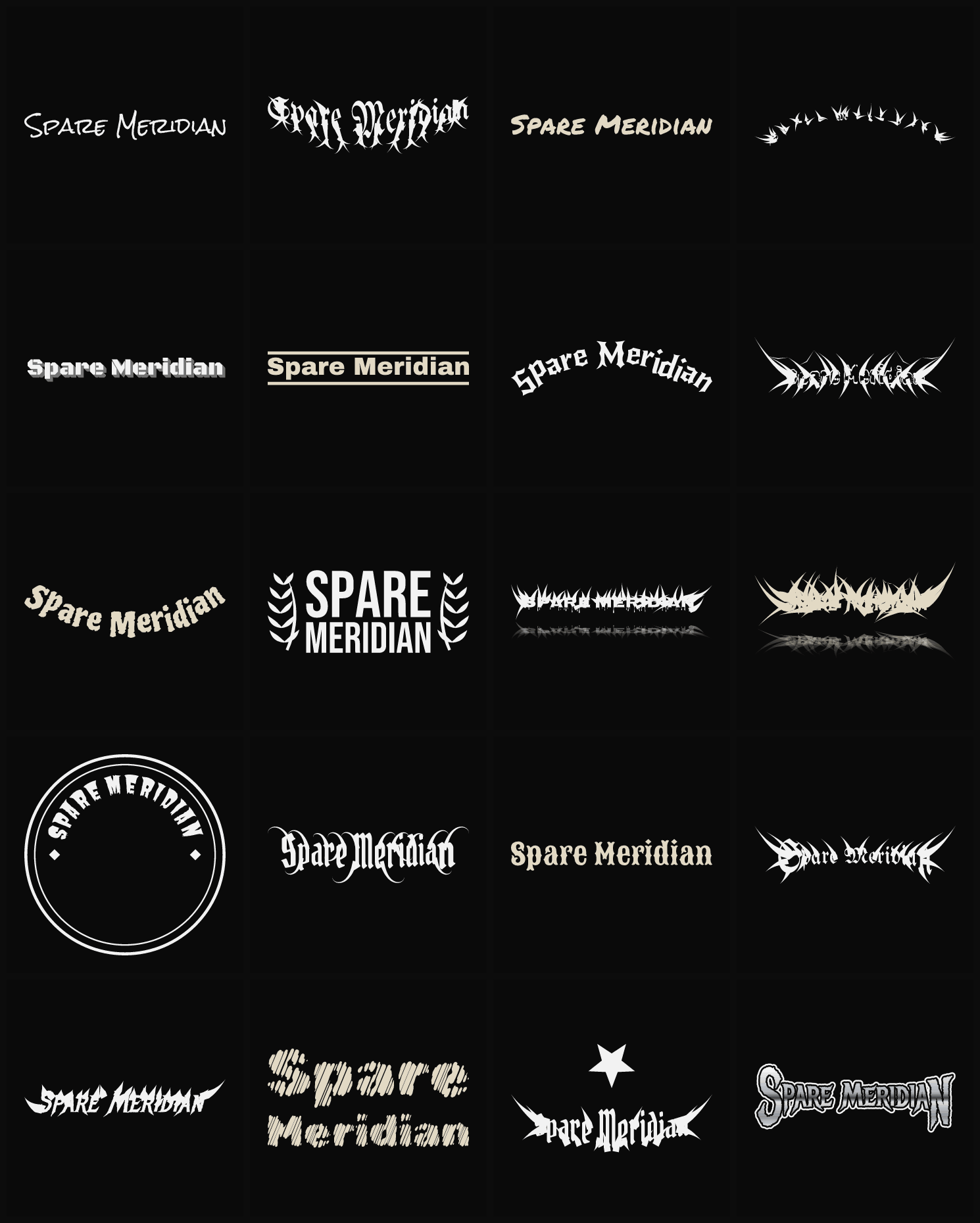 Twenty Spare Meridian band logo ideas — different faces, treatments and spike settings