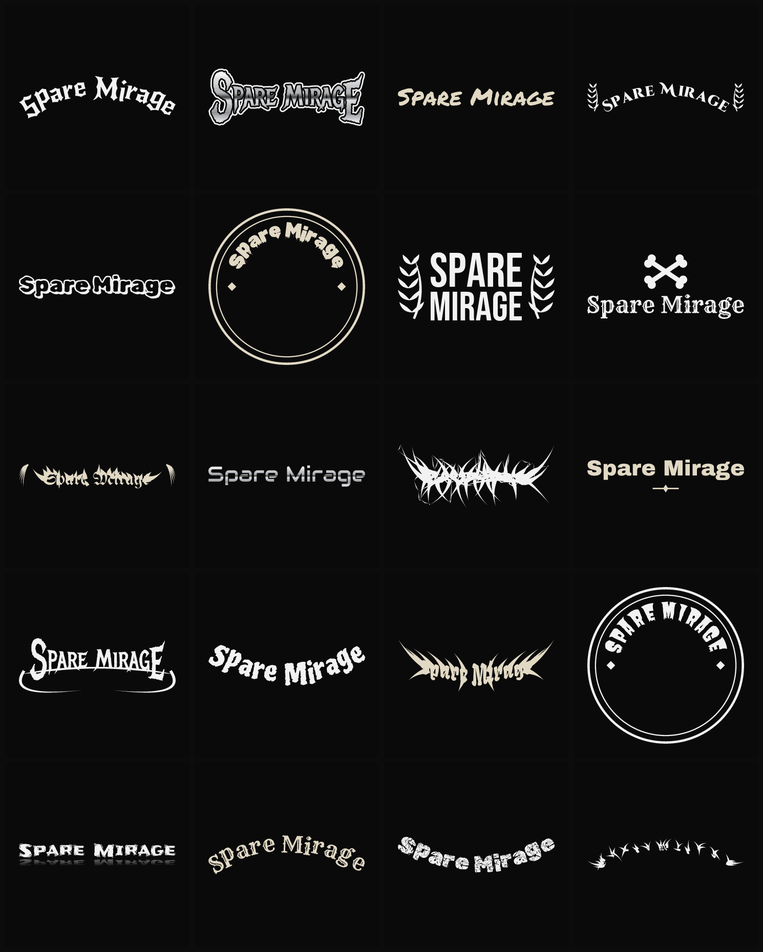 Twenty Spare Mirage band logo ideas — different faces, treatments and spike settings