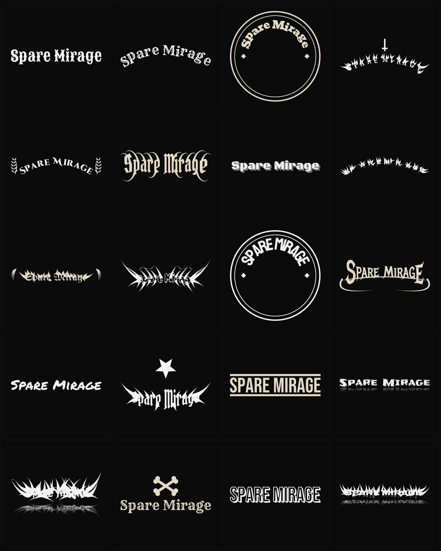 Twenty Spare Mirage band logo ideas — different faces, treatments and spike settings
