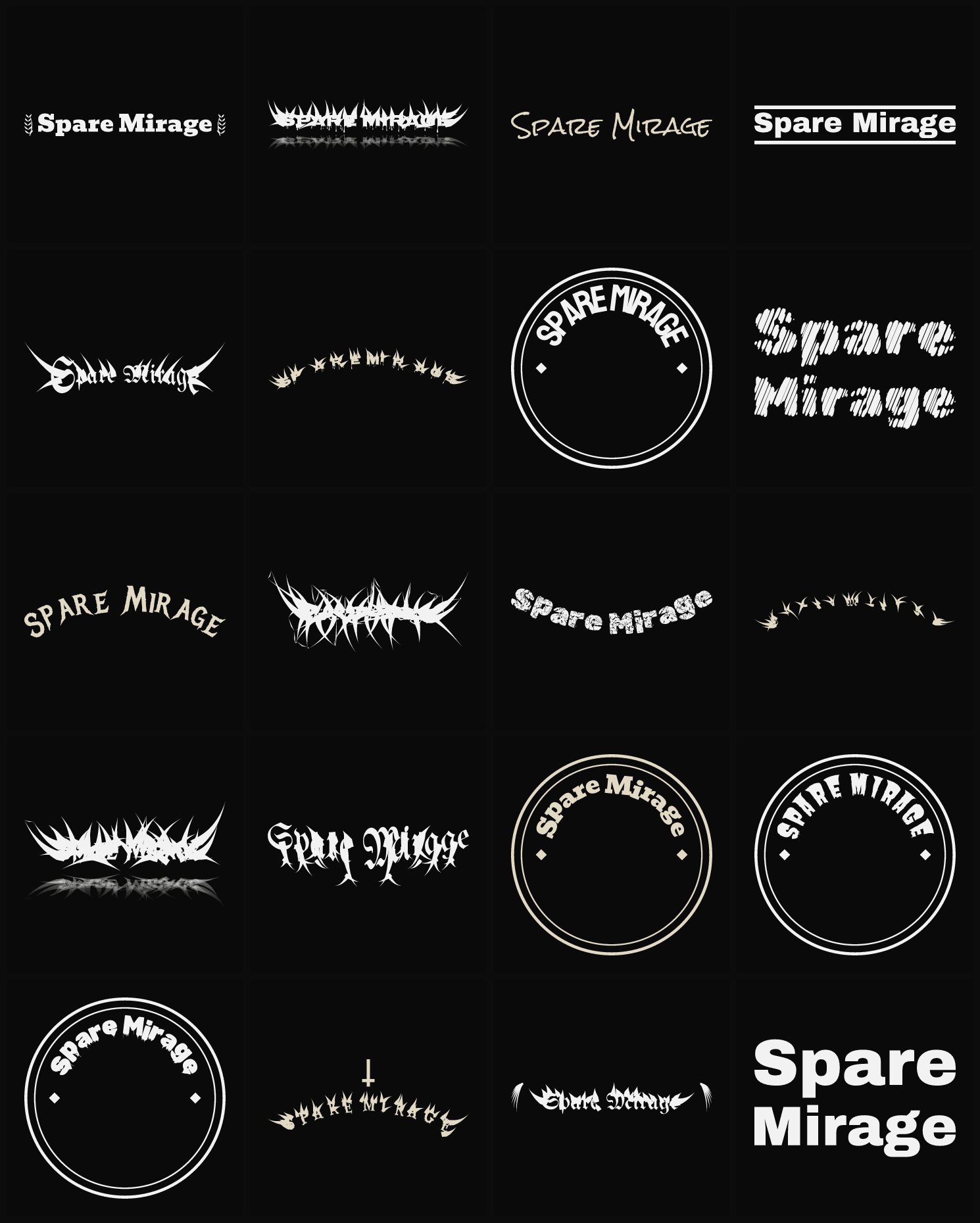 Twenty Spare Mirage band logo ideas — different faces, treatments and spike settings