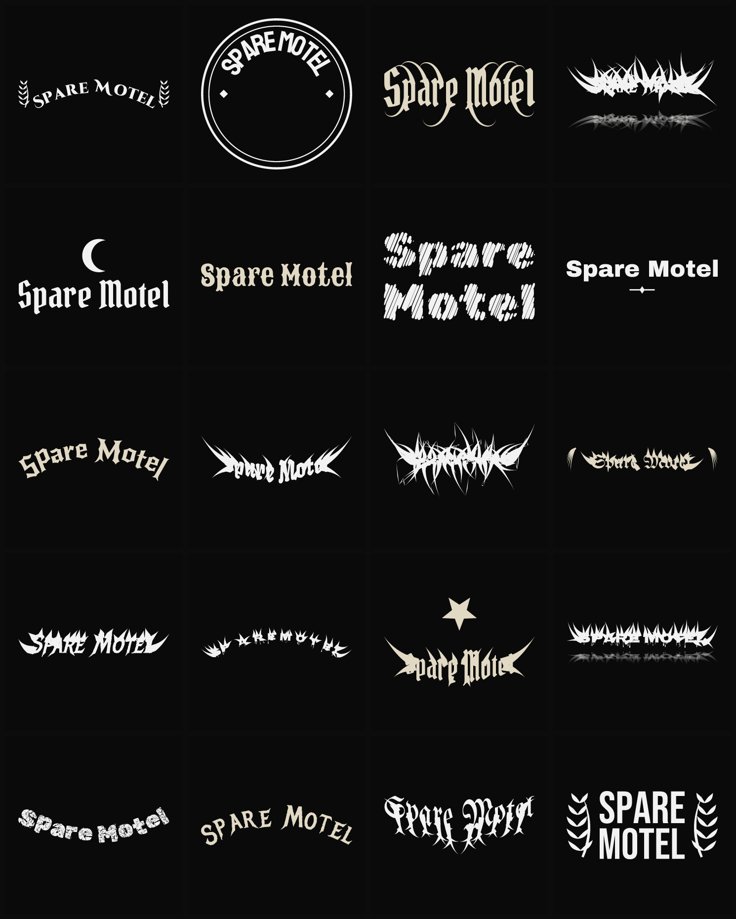 Twenty Spare Motel band logo ideas — different faces, treatments and spike settings