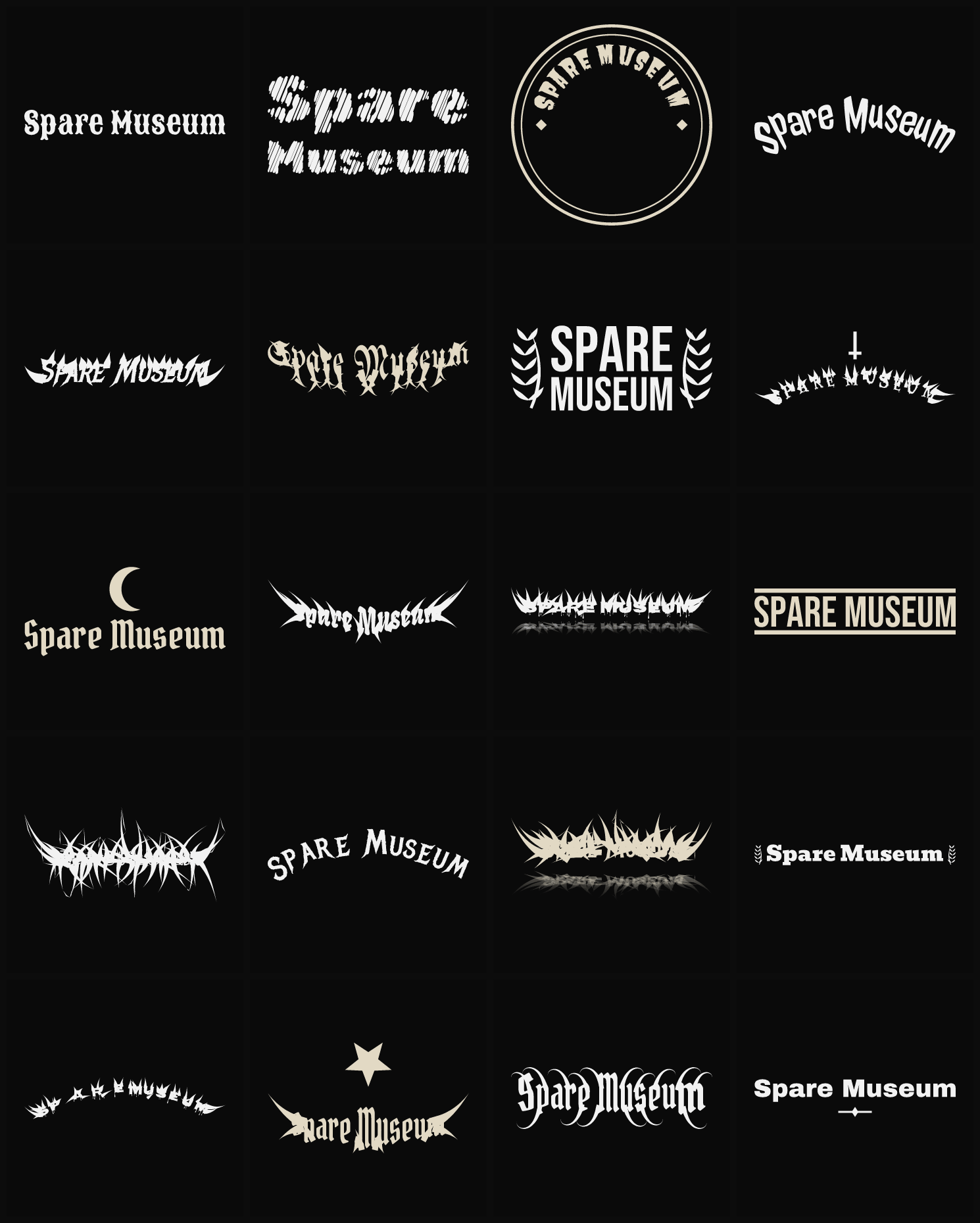 Twenty Spare Museum band logo ideas — different faces, treatments and spike settings