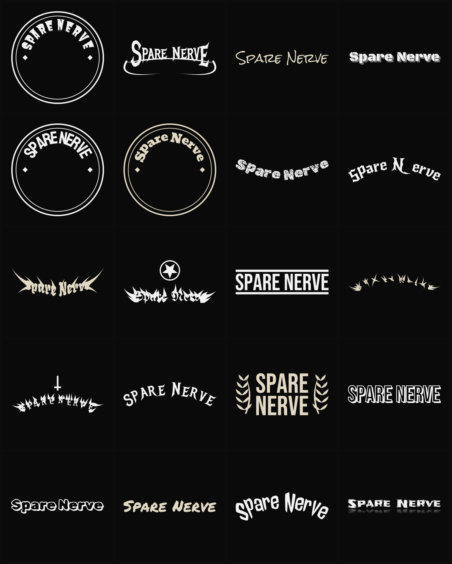 Twenty Spare Nerve band logo ideas — different faces, treatments and spike settings