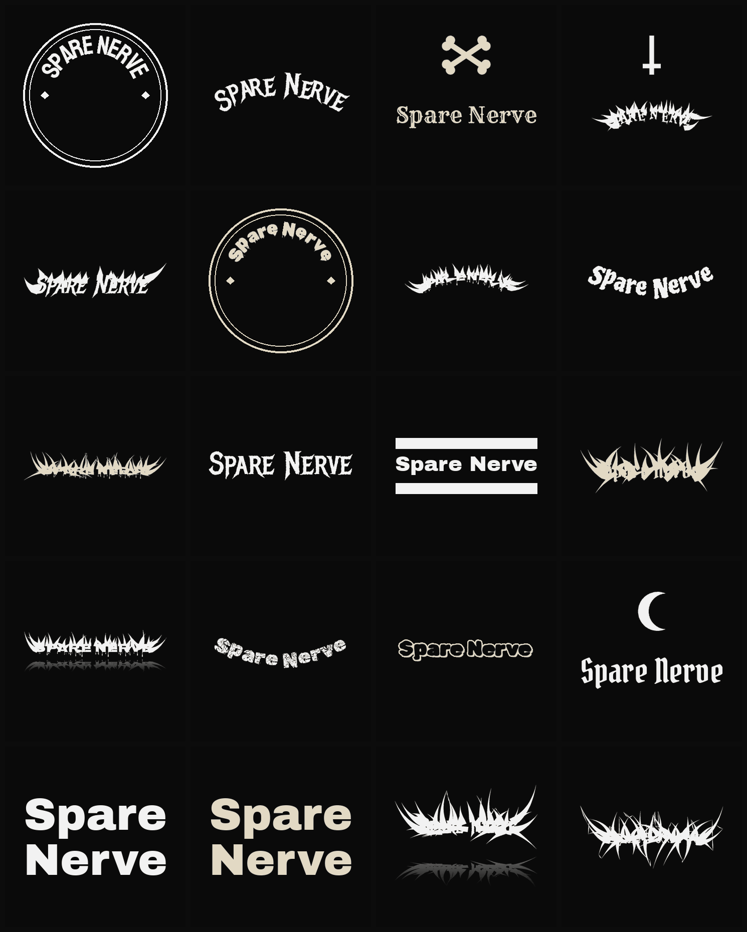 Twenty Spare Nerve band logo ideas — different faces, treatments and spike settings
