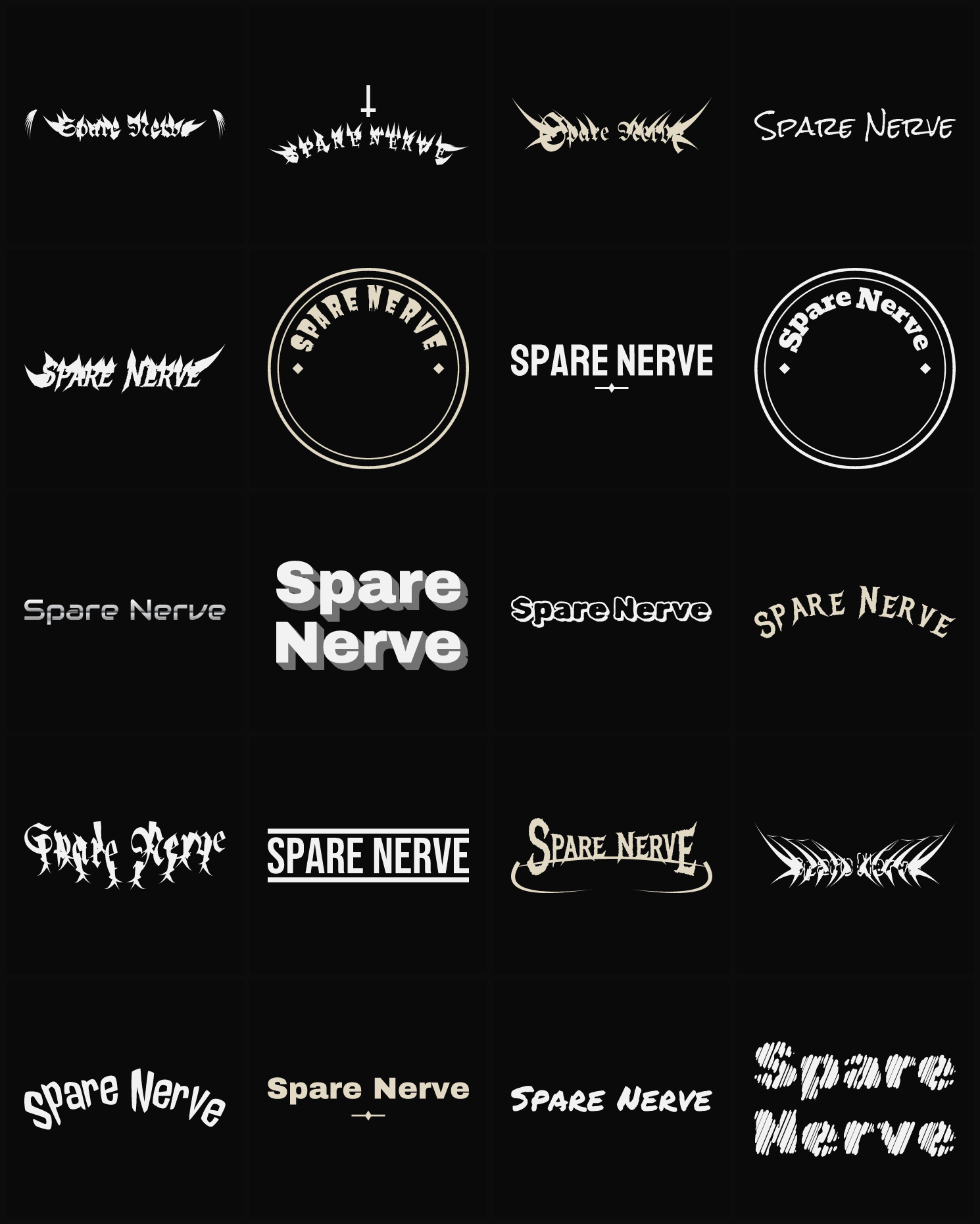 Twenty Spare Nerve band logo ideas — different faces, treatments and spike settings
