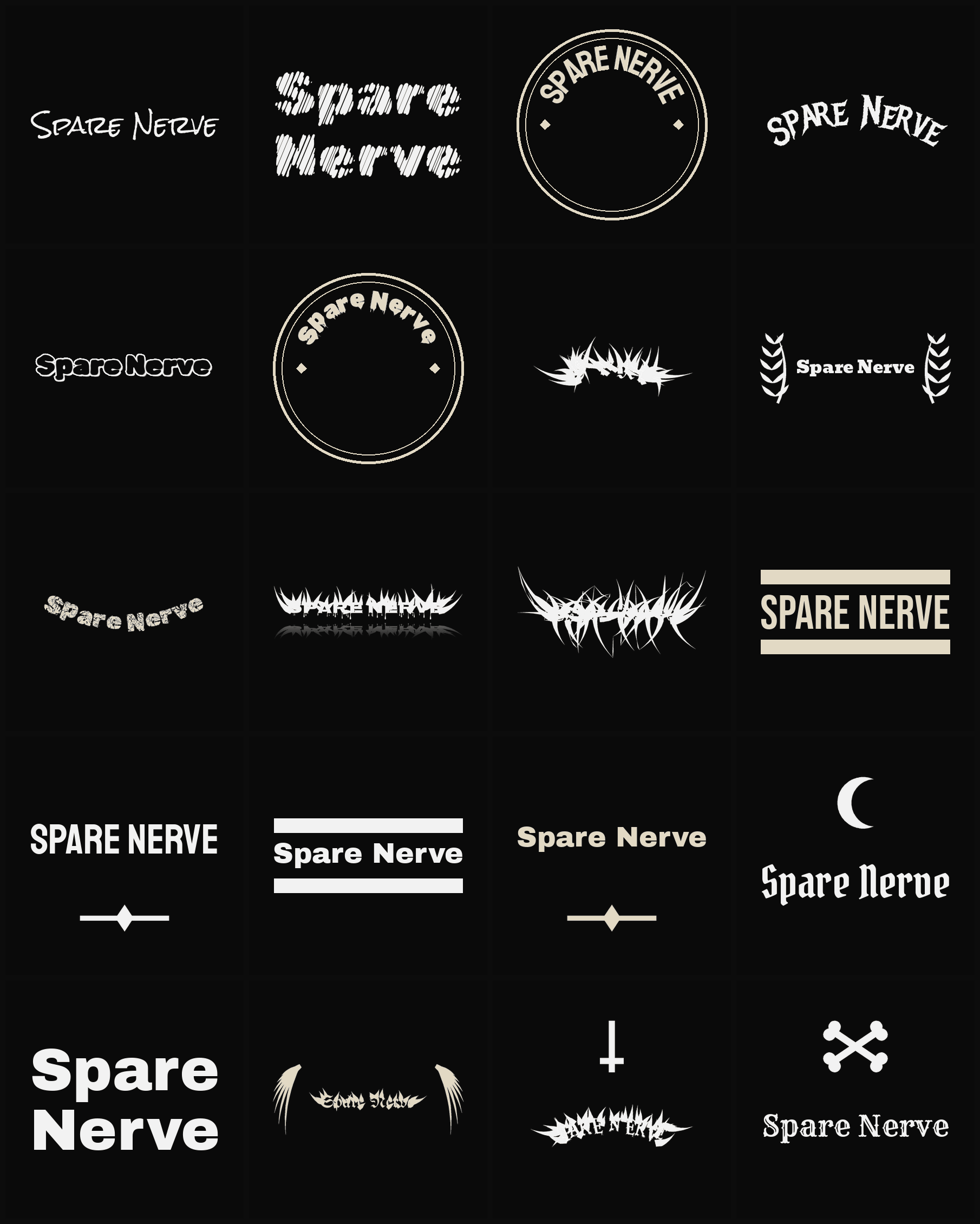 Twenty Spare Nerve band logo ideas — different faces, treatments and spike settings