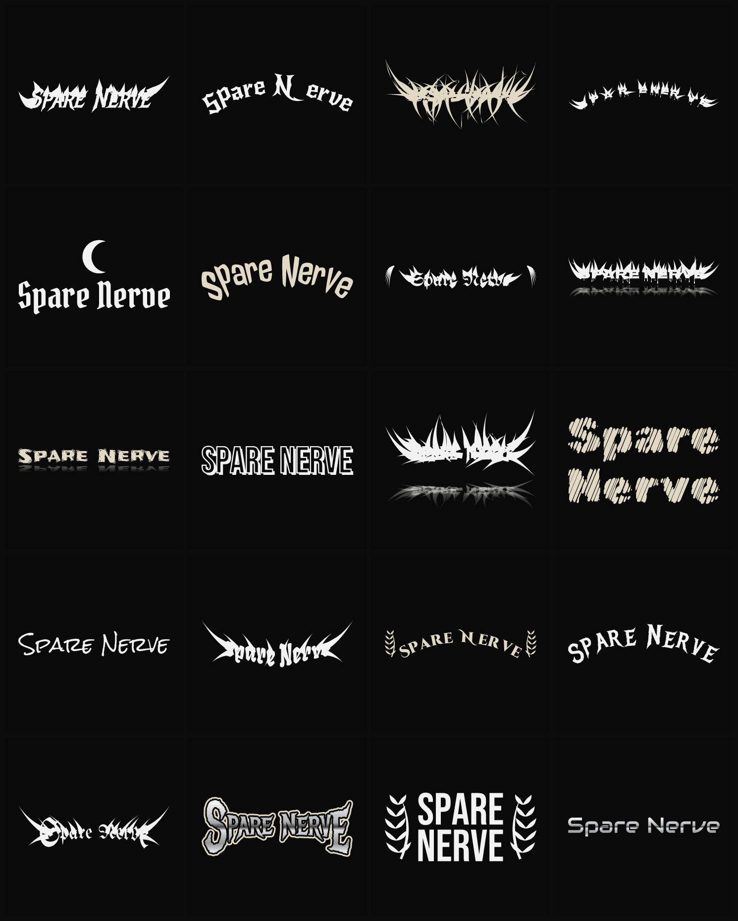 Twenty Spare Nerve band logo ideas — different faces, treatments and spike settings