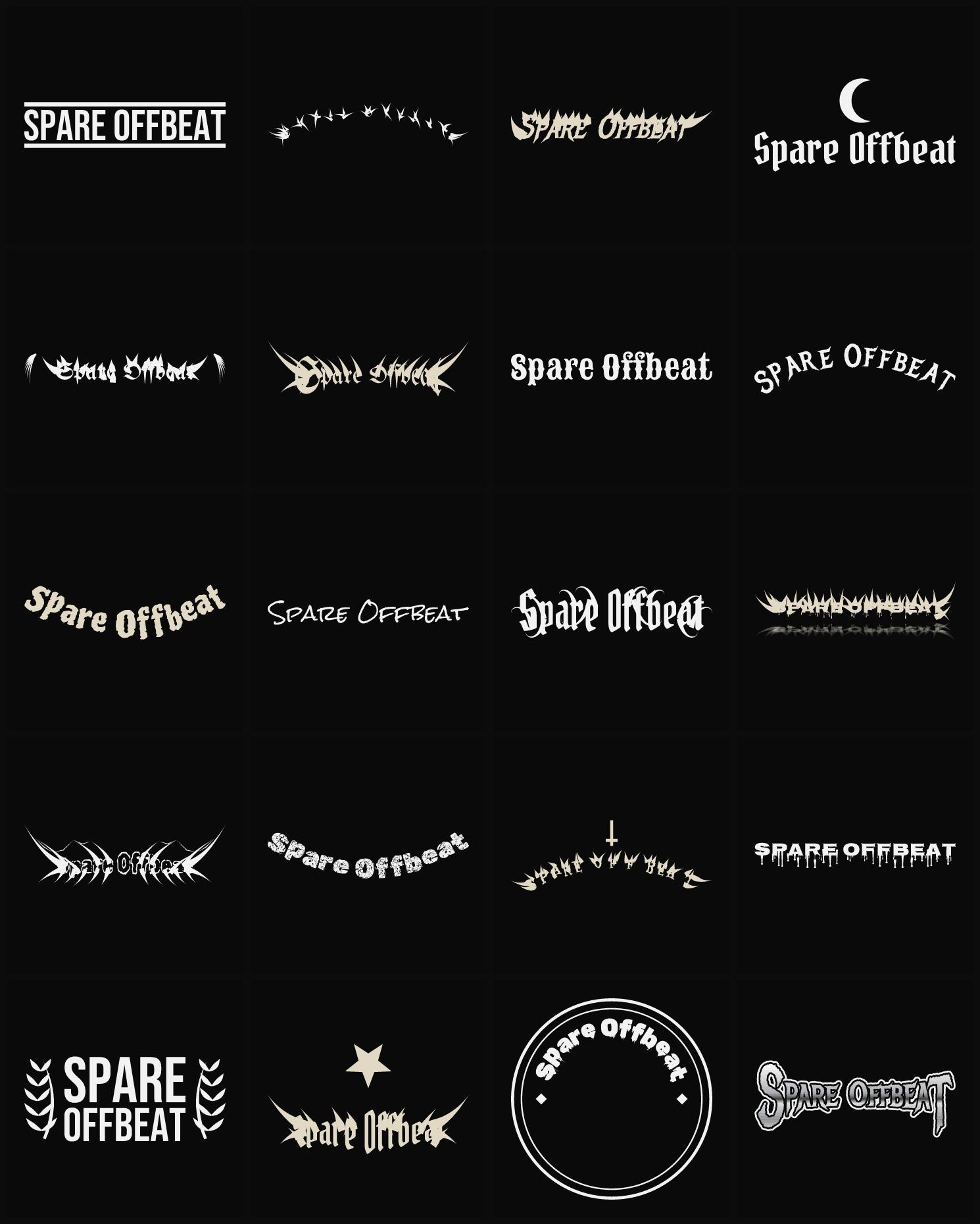 Twenty Spare Offbeat band logo ideas — different faces, treatments and spike settings