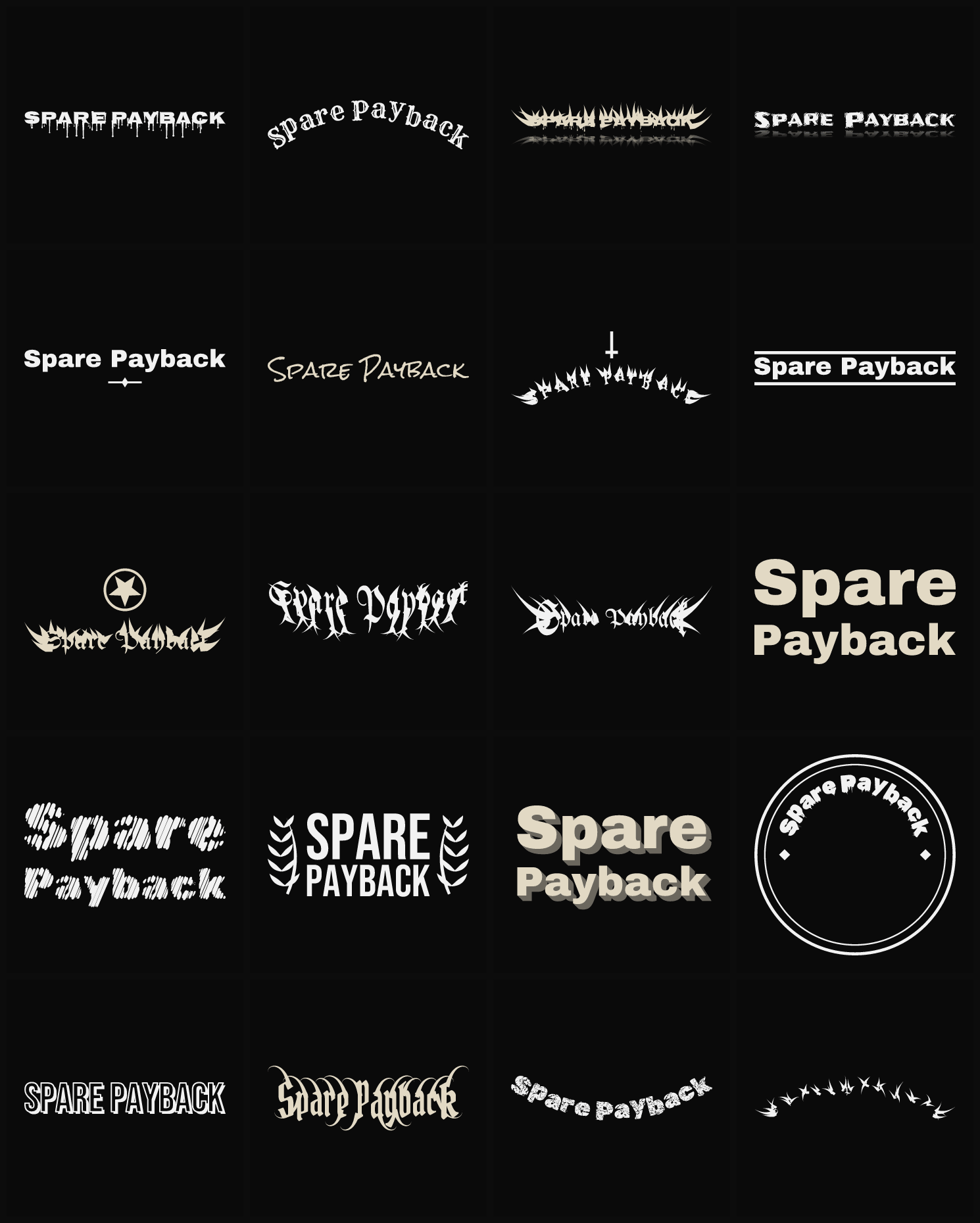 Twenty Spare Payback band logo ideas — different faces, treatments and spike settings