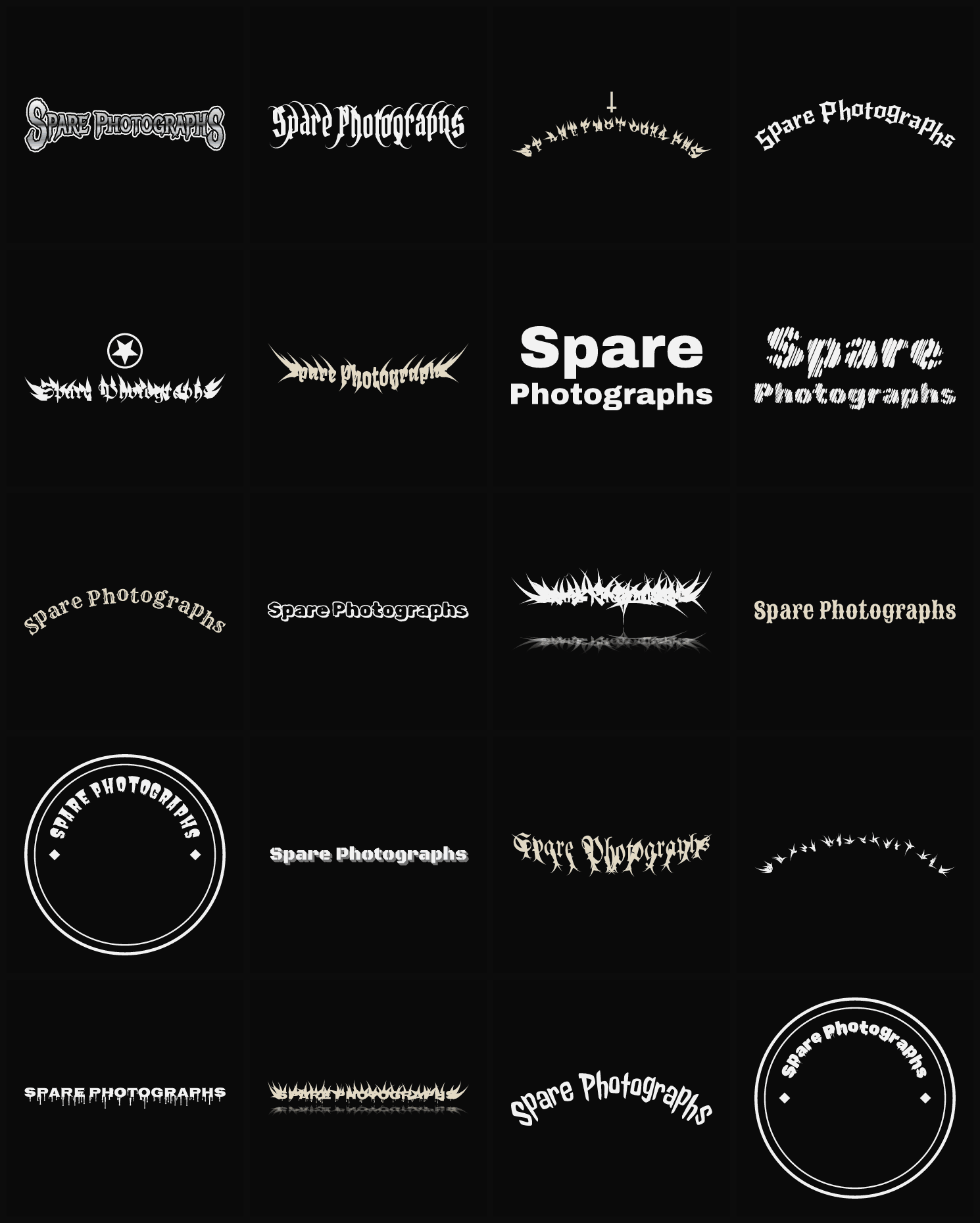 Twenty Spare Photographs band logo ideas — different faces, treatments and spike settings