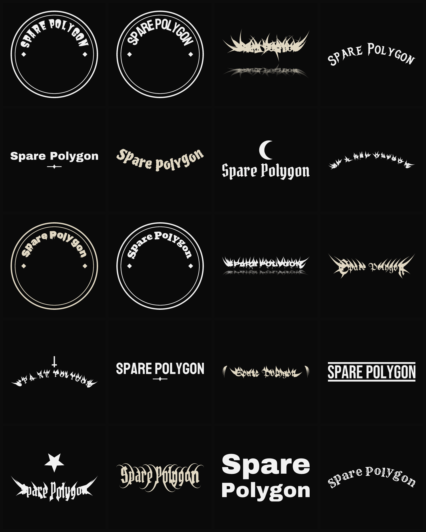 Twenty Spare Polygon band logo ideas — different faces, treatments and spike settings