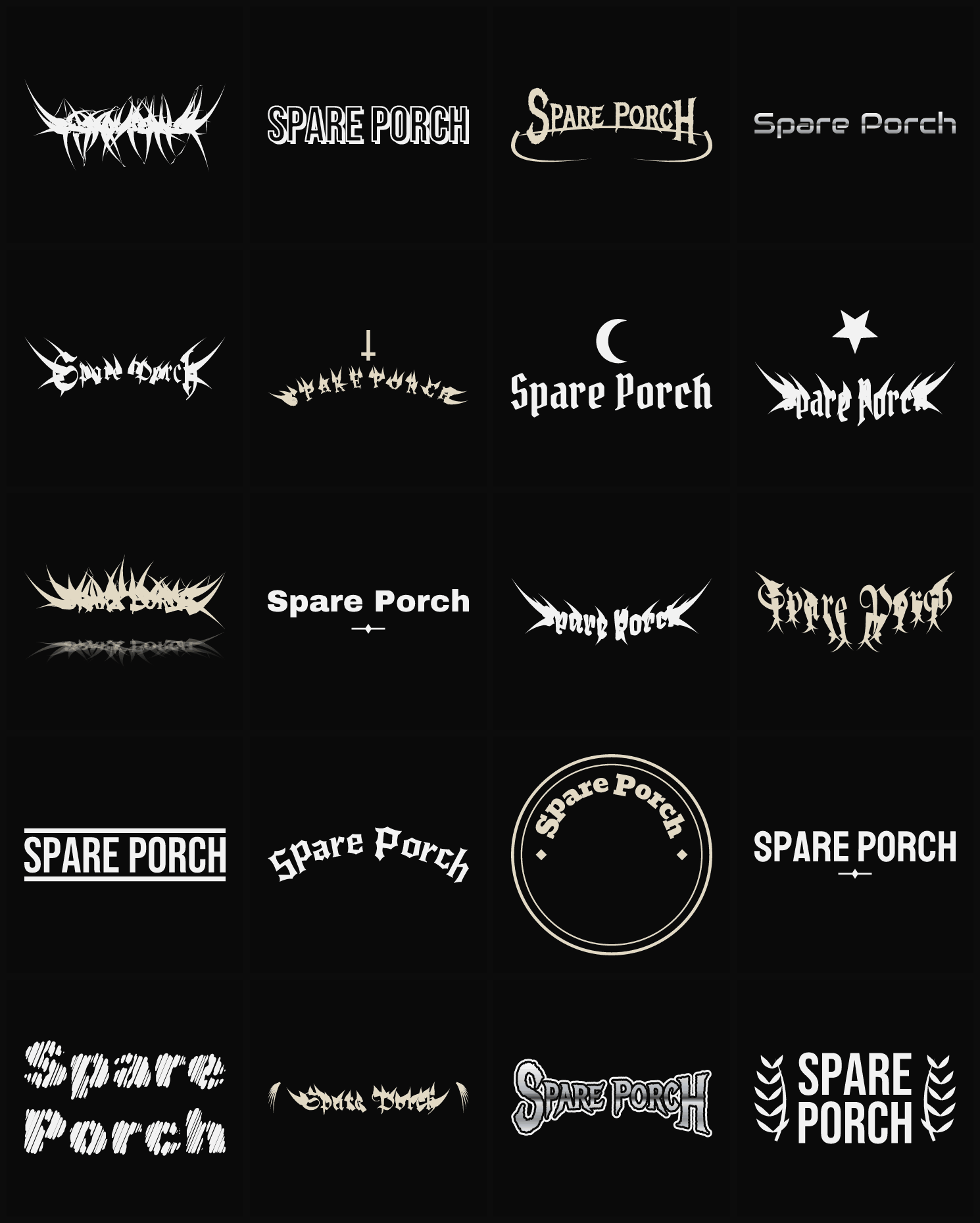 Twenty Spare Porch band logo ideas — different faces, treatments and spike settings