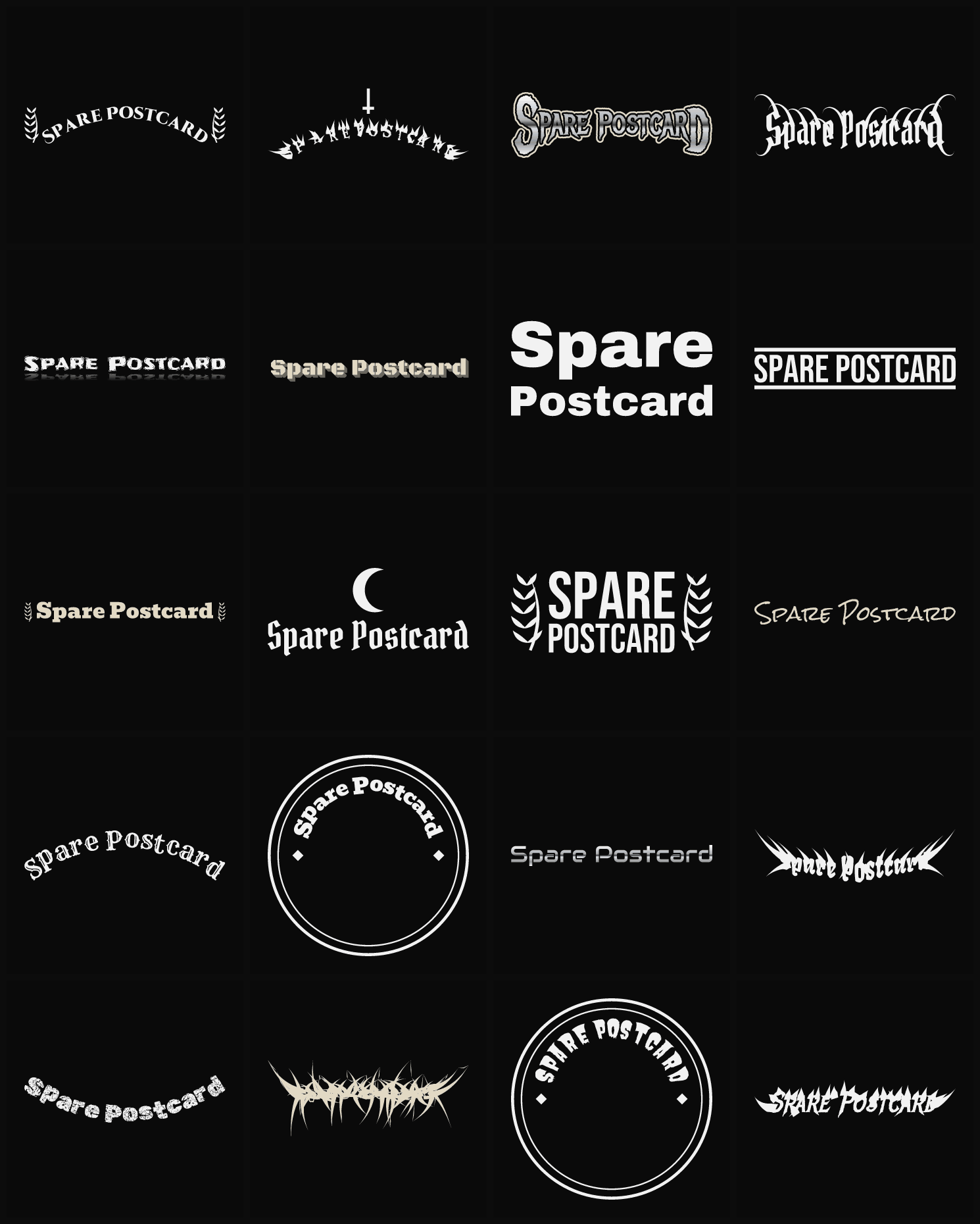 Twenty Spare Postcard band logo ideas — different faces, treatments and spike settings