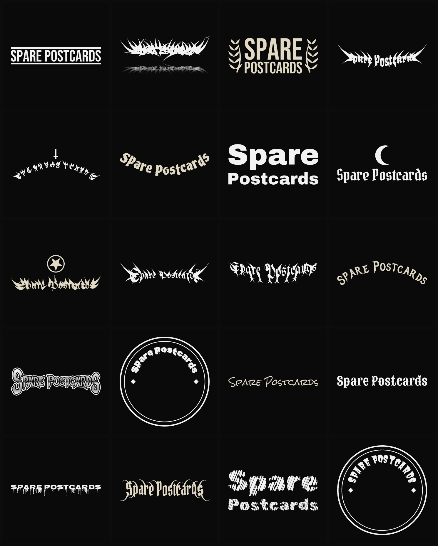 Twenty Spare Postcards band logo ideas — different faces, treatments and spike settings