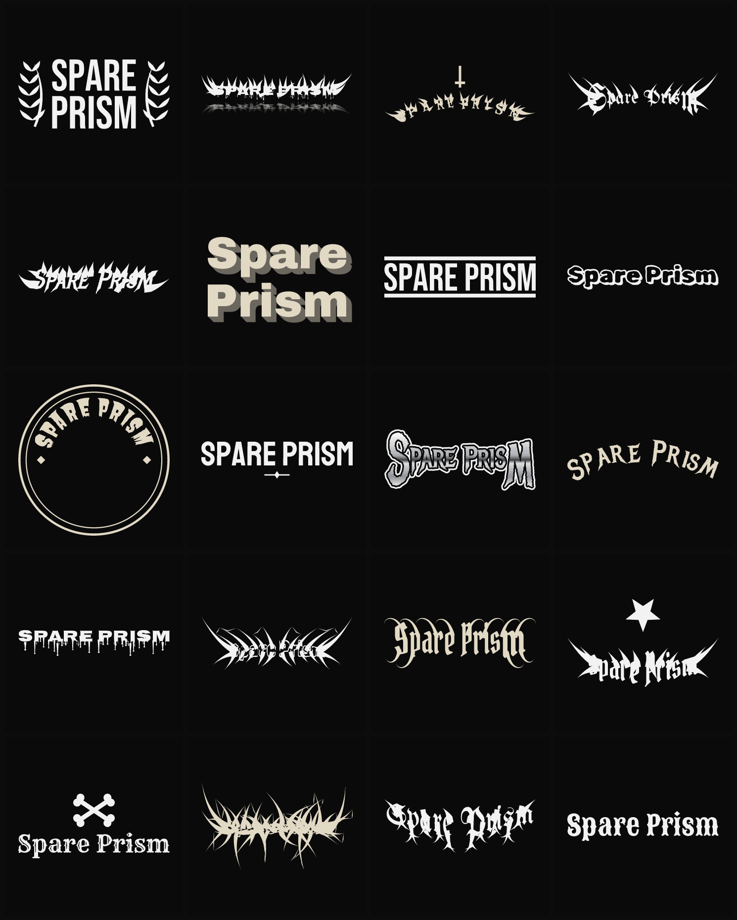 Twenty Spare Prism band logo ideas — different faces, treatments and spike settings