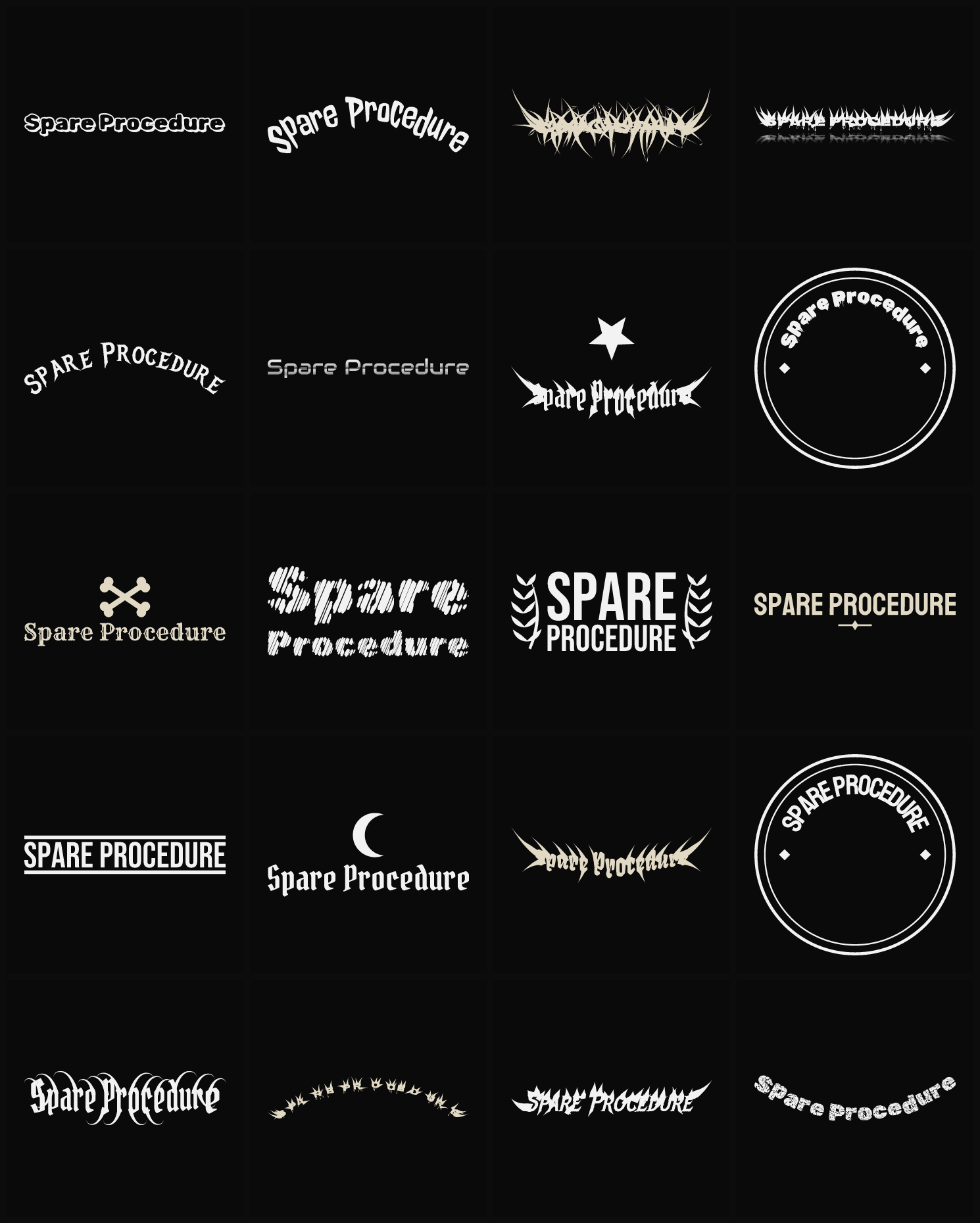 Twenty Spare Procedure band logo ideas — different faces, treatments and spike settings