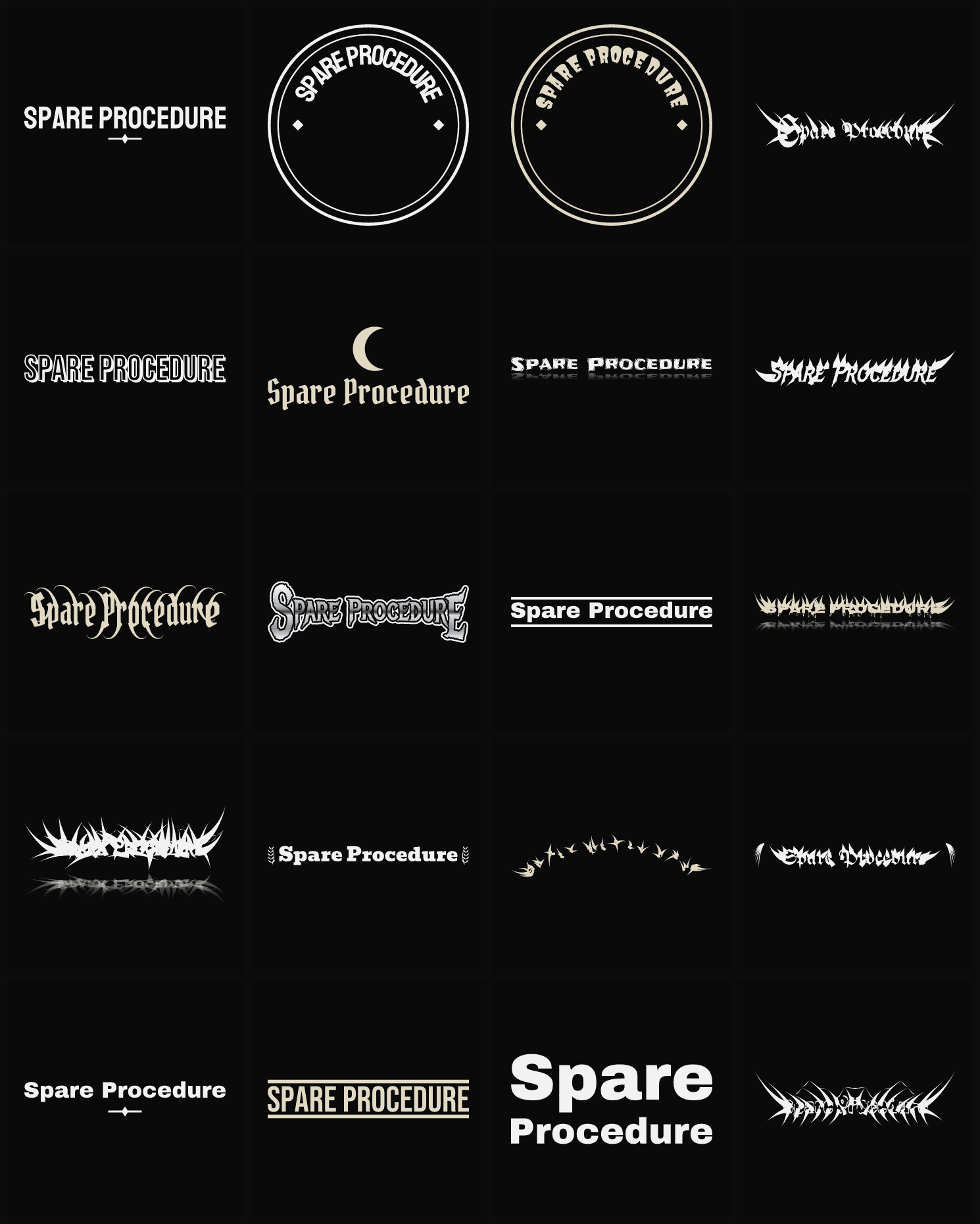 Twenty Spare Procedure band logo ideas — different faces, treatments and spike settings