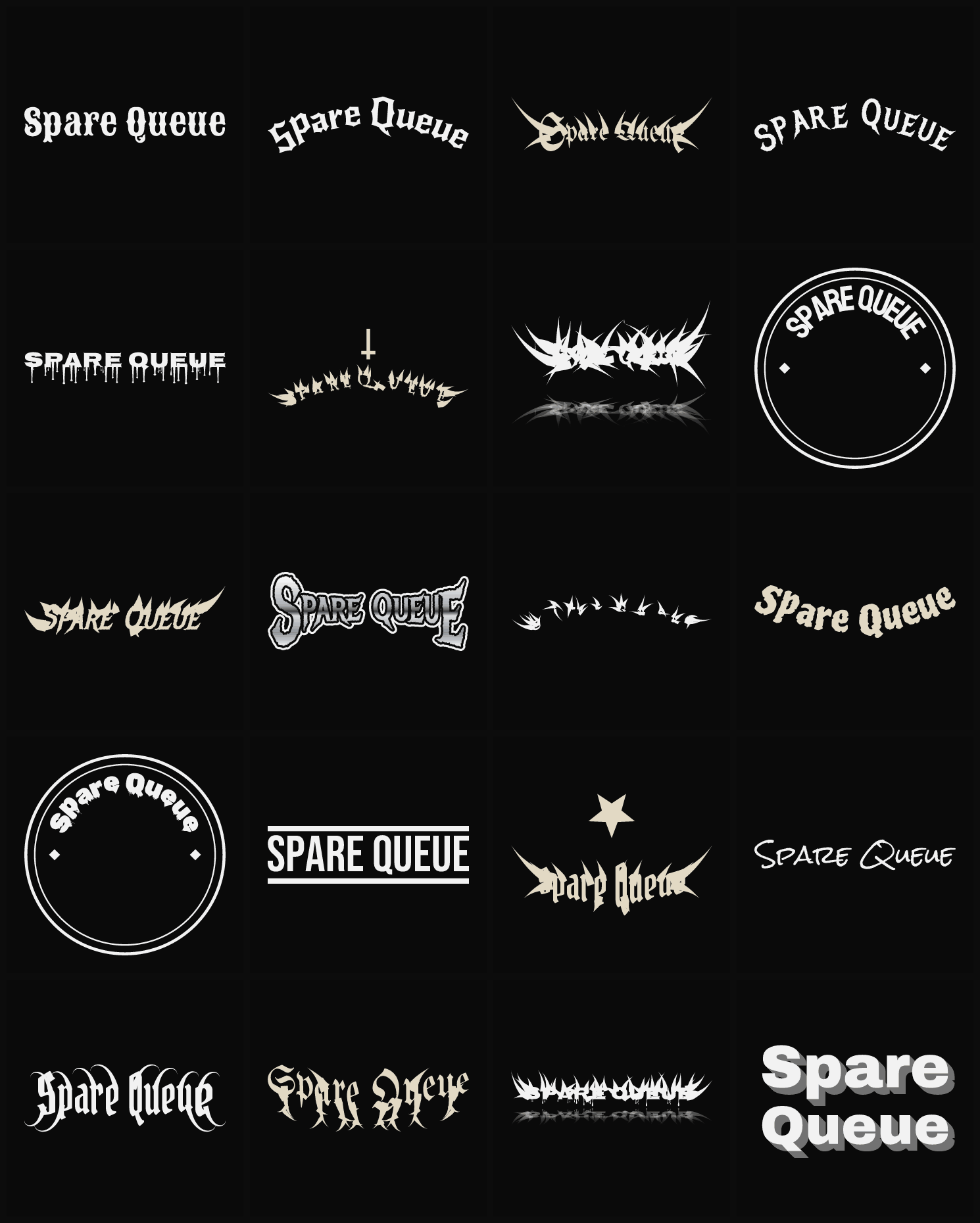 Twenty Spare Queue band logo ideas — different faces, treatments and spike settings