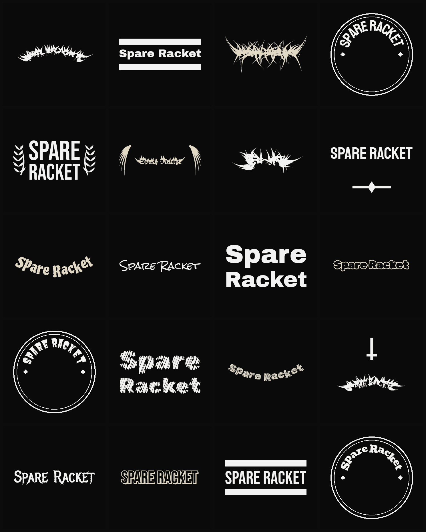 Twenty Spare Racket band logo ideas — different faces, treatments and spike settings