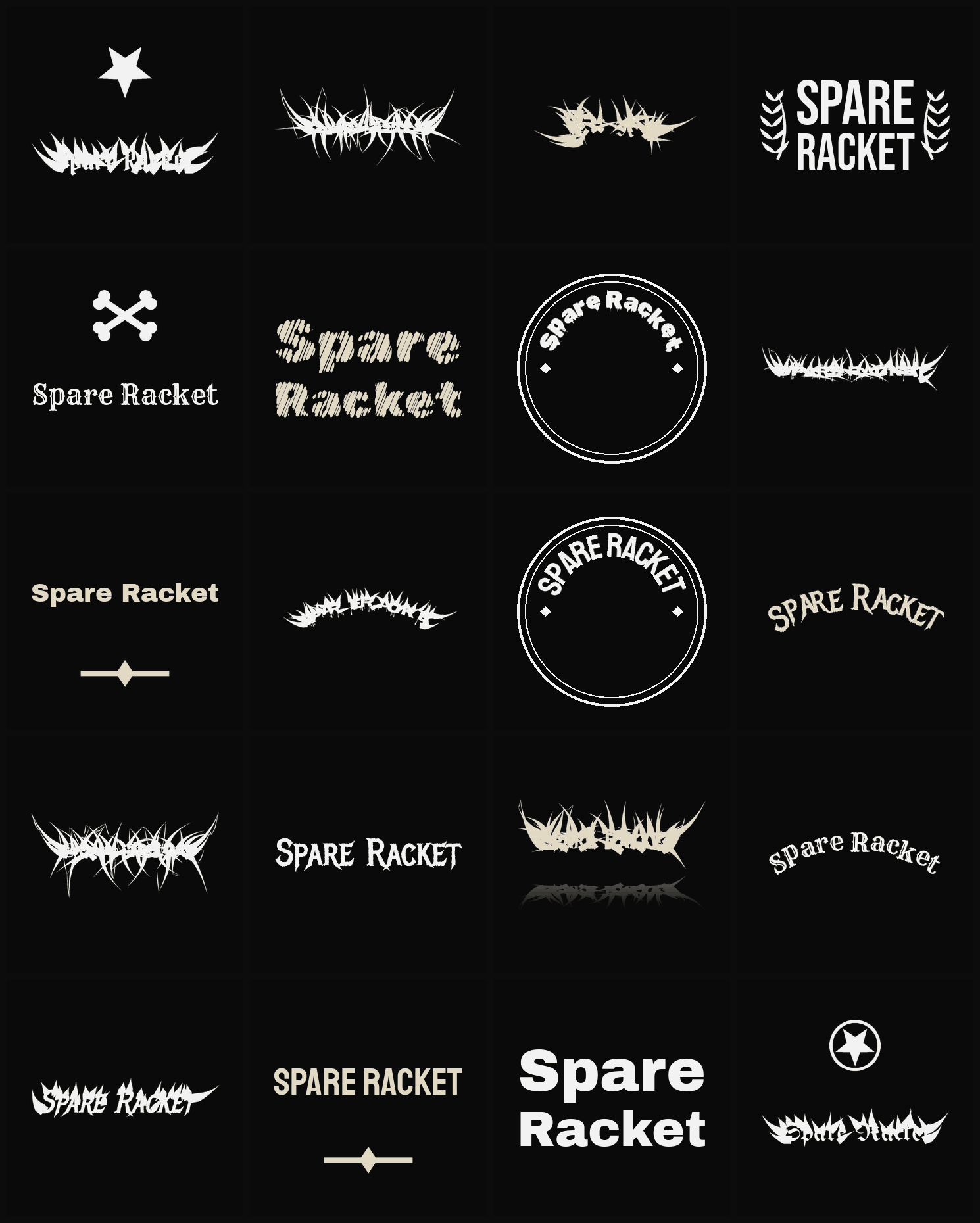 Twenty Spare Racket band logo ideas — different faces, treatments and spike settings