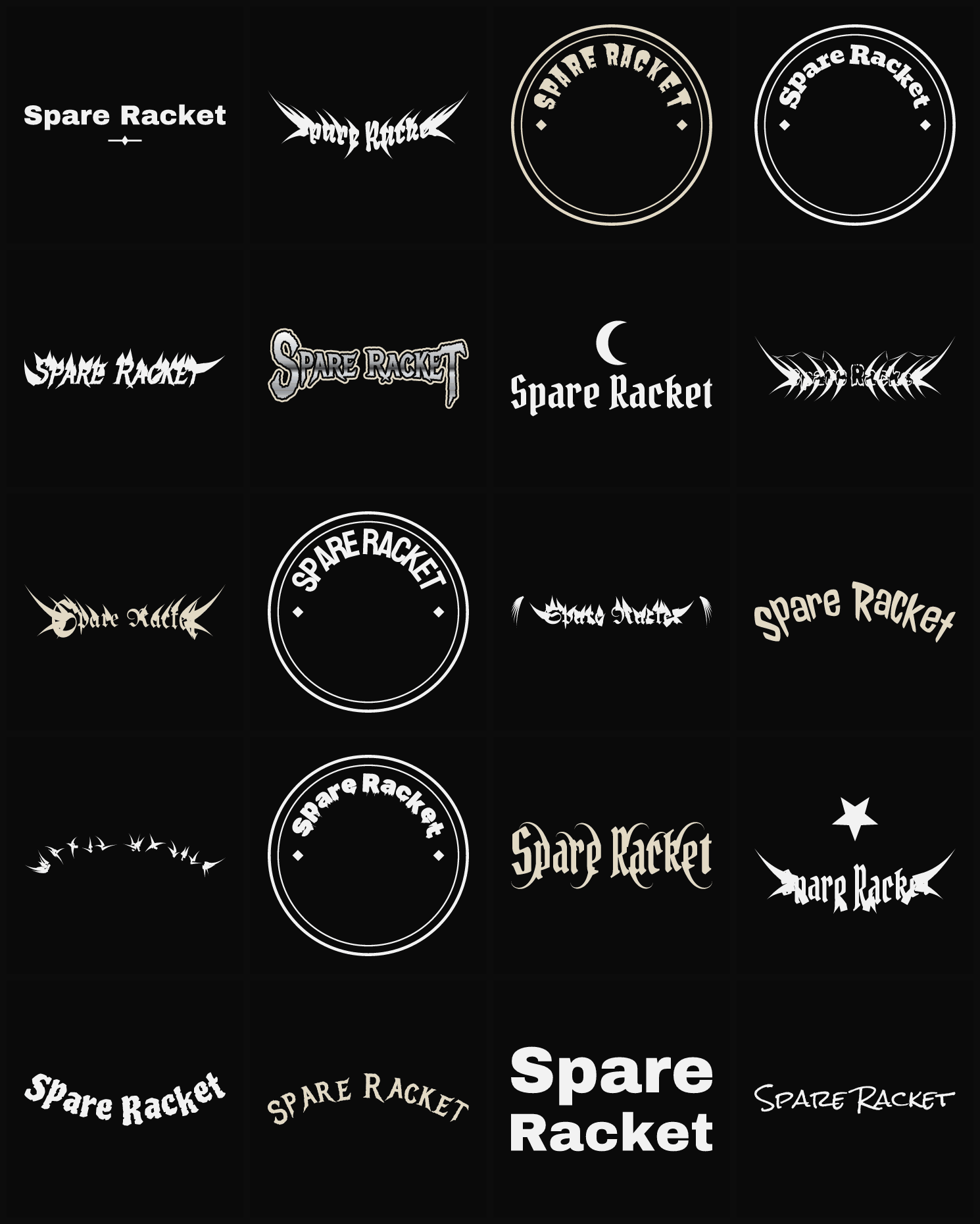 Twenty Spare Racket band logo ideas — different faces, treatments and spike settings